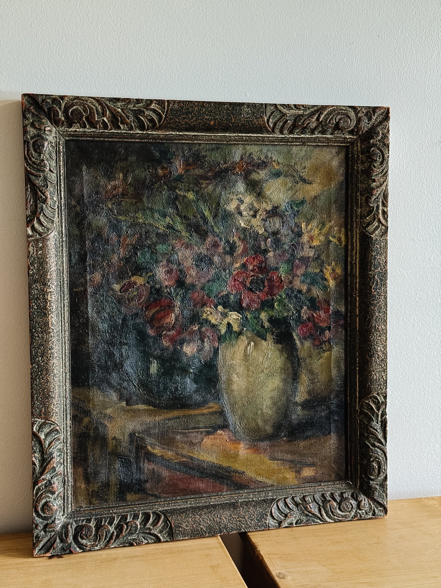 Antique Belgian Oil Painting, Moody Florals (1920)