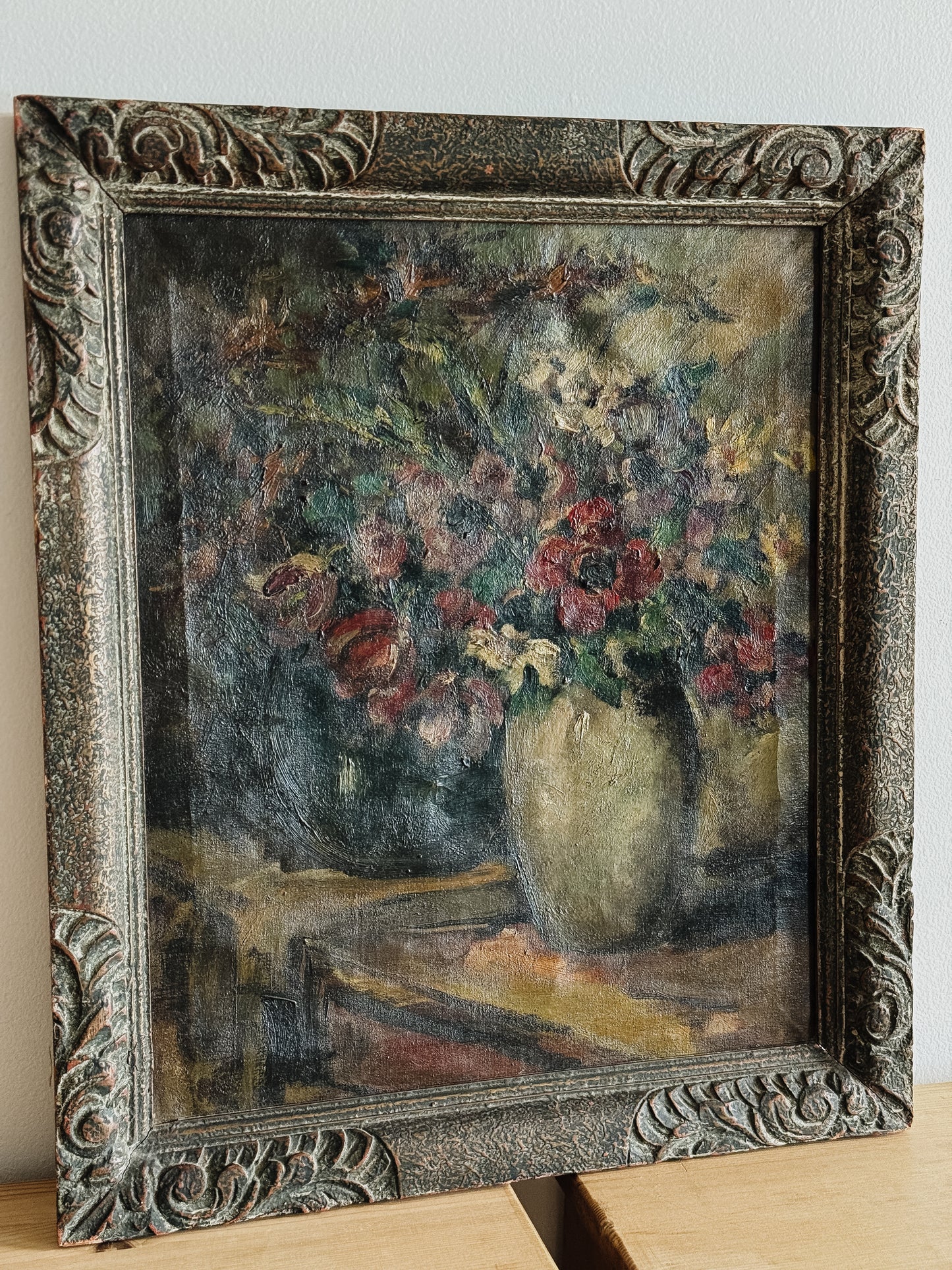 Antique Belgian Oil Painting, Moody Florals (1920)