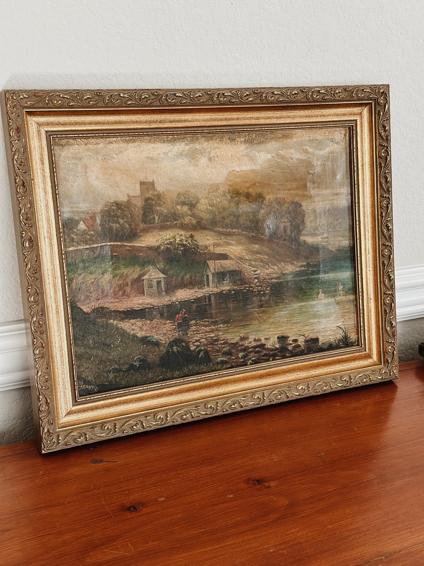 Original Antique Oil Painting, Moody River Landscape by Grant c.1891