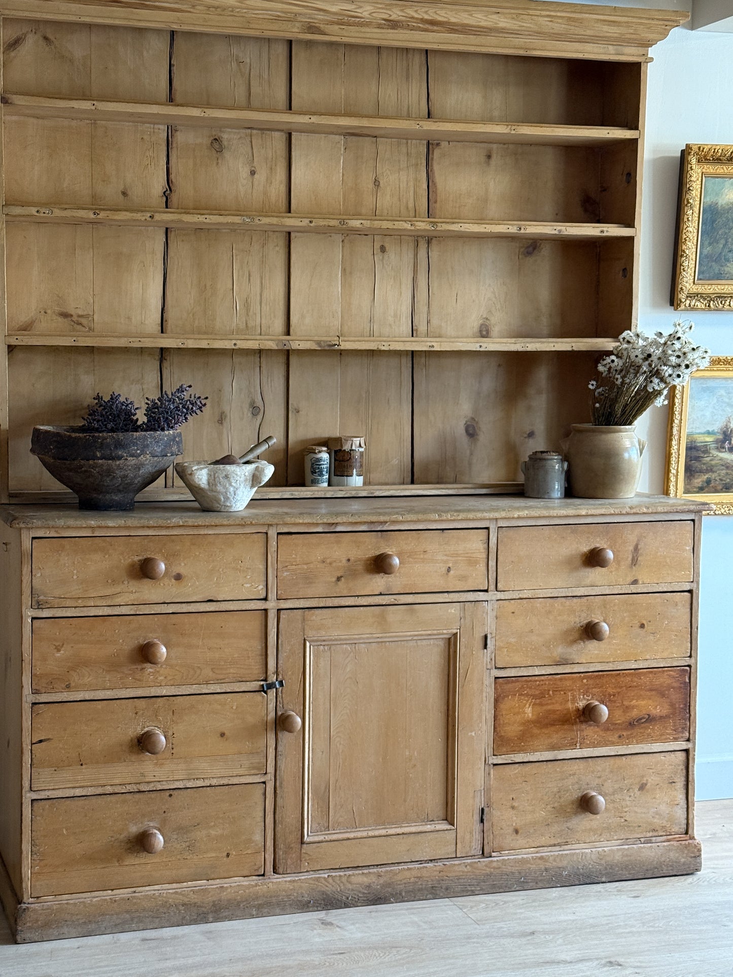 Large Antique English Pine Stepback Hutch
