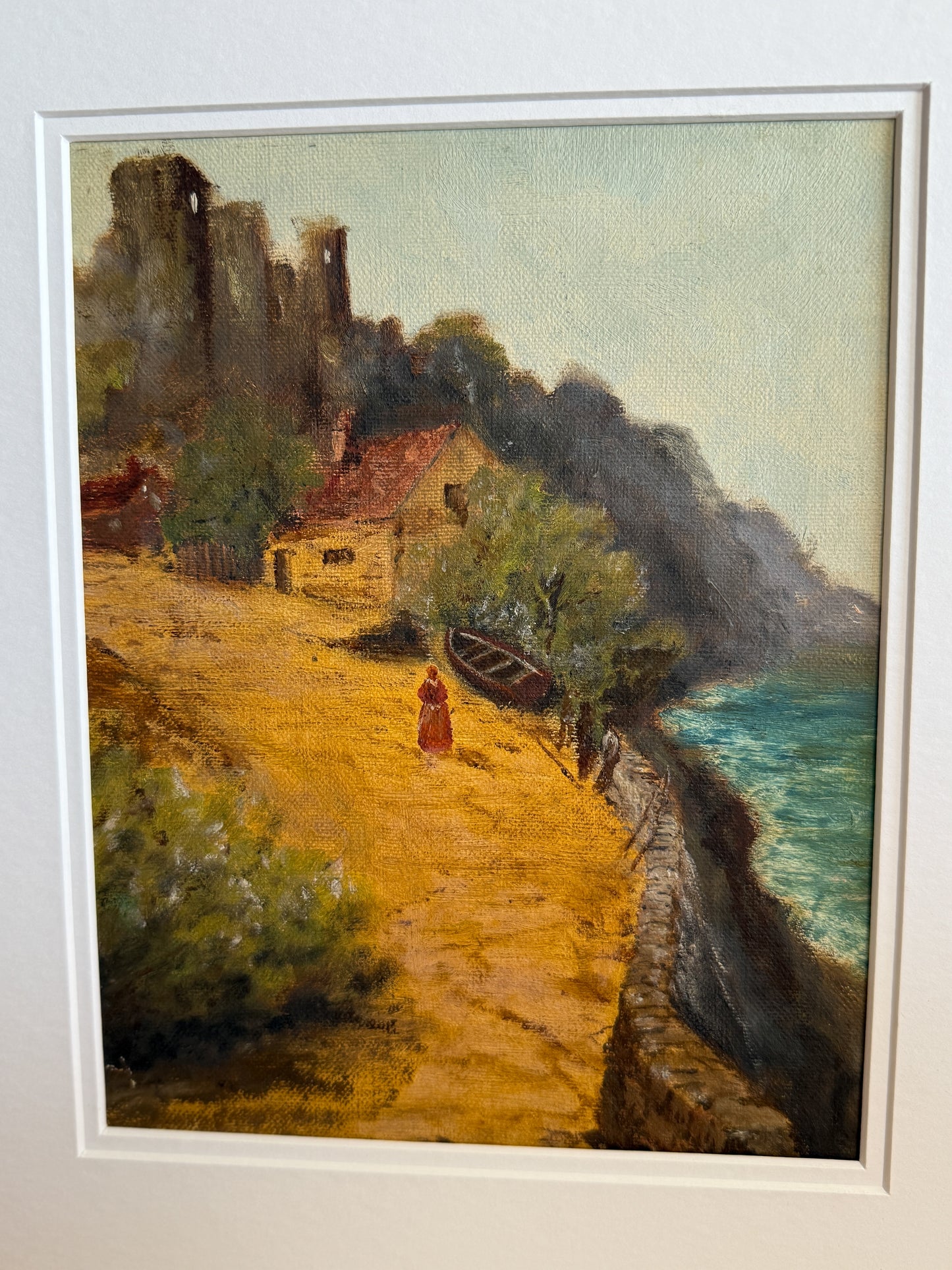 Original Antique Oil Painting on Paper, Coastal Path