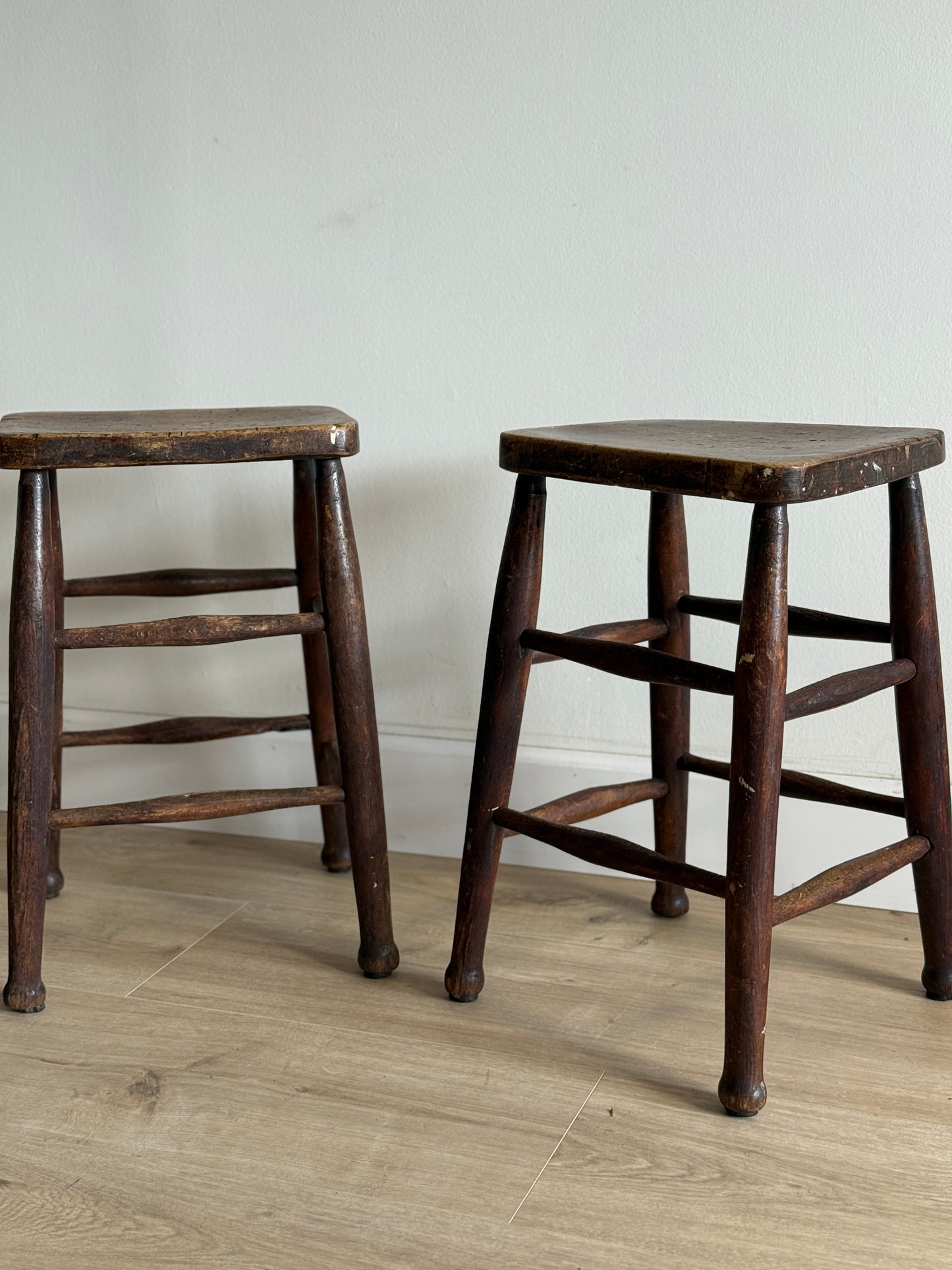 Set of Two Antique English Oak Stools (late 1800s)