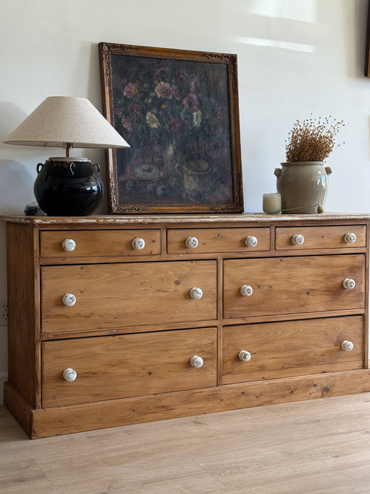 Antique English Pine Bank of Seven Drawers/Sideboard