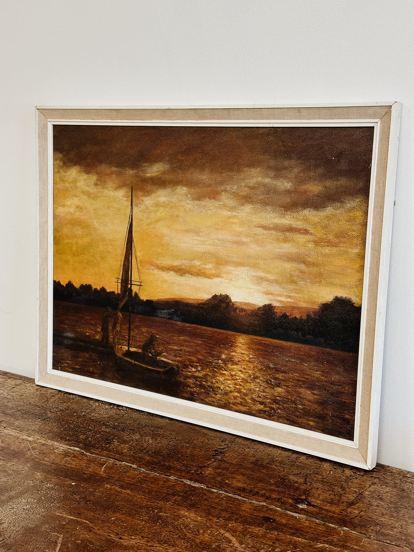 Vintage Original European Oil Painting, Sunset Sailboat Scene