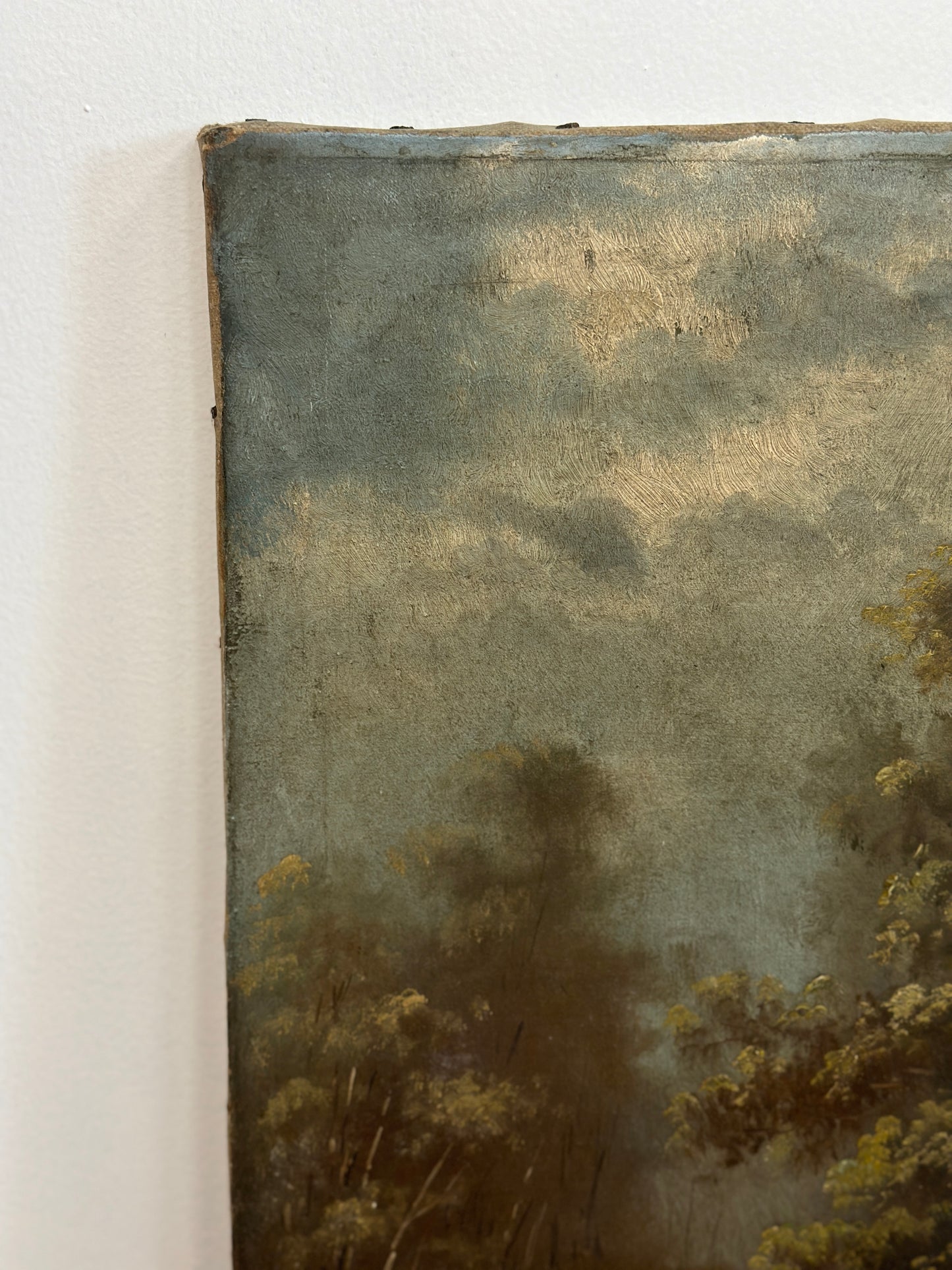 Antique European Oil Painting on Canvas, Country River Scene