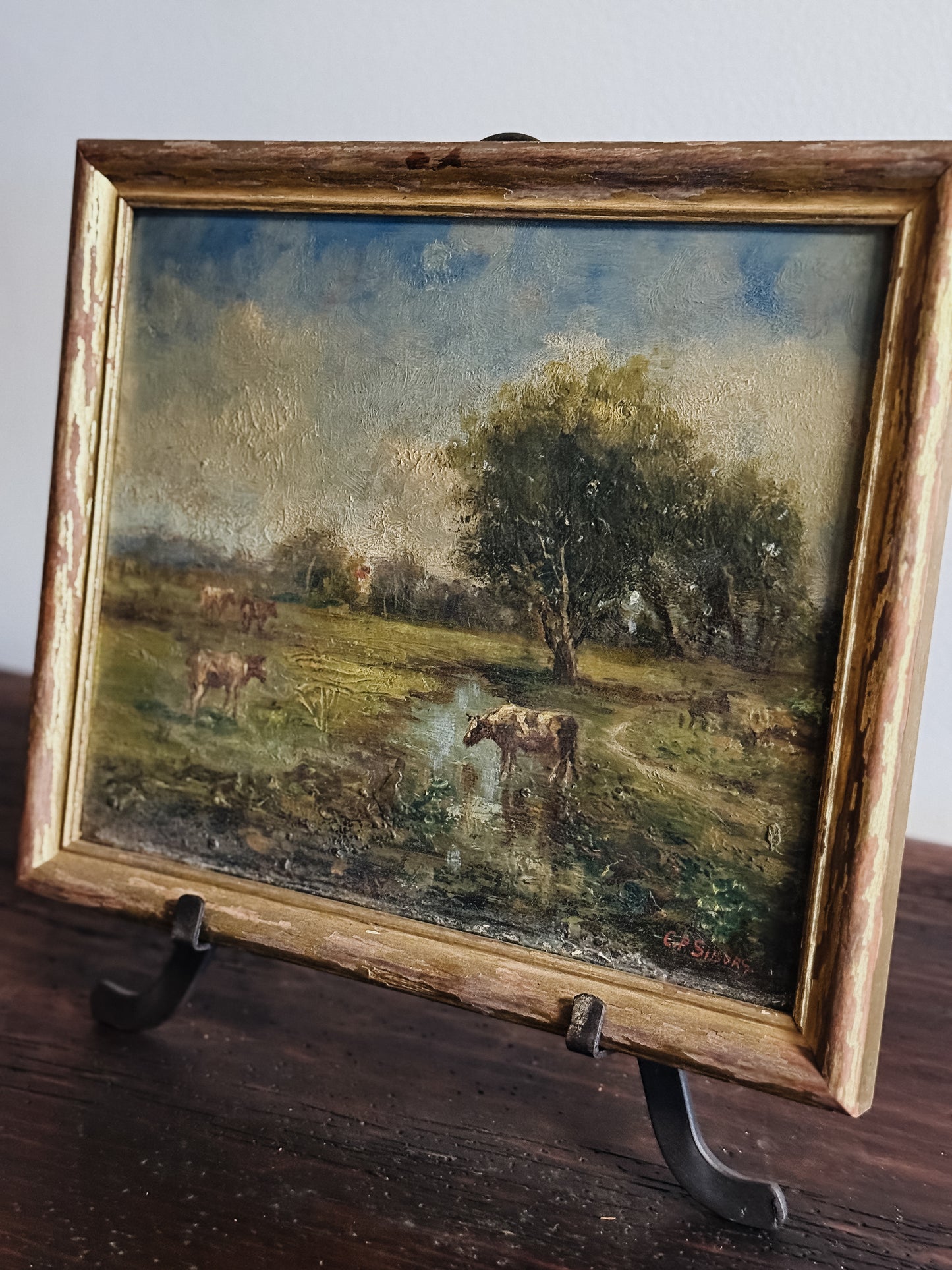 Original Antique Oil Painting, Creekside Grazing Cows