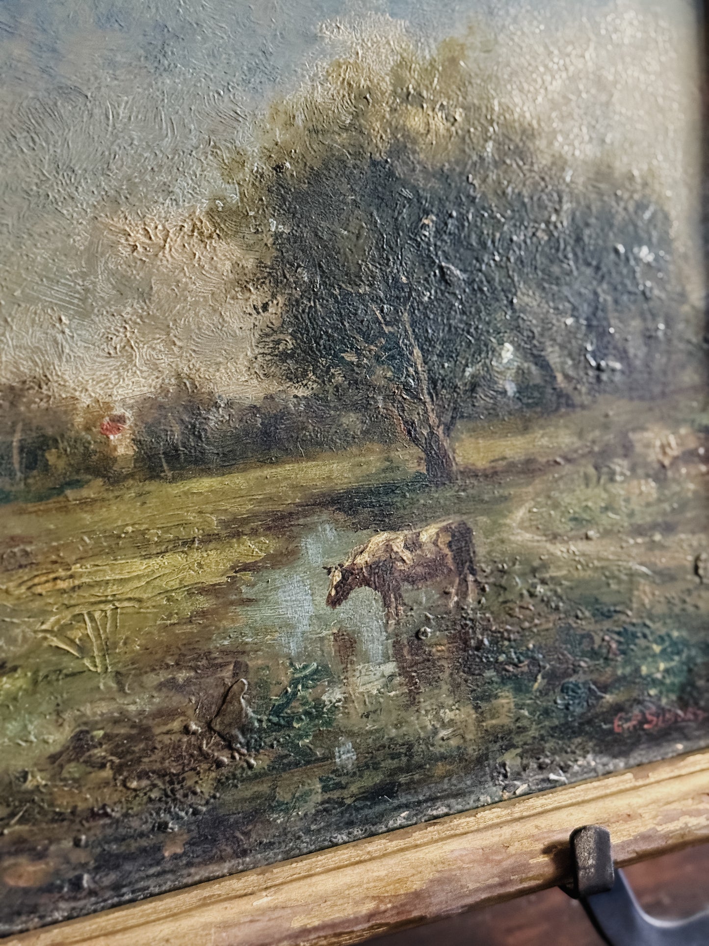 Original Antique Oil Painting, Creekside Grazing Cows