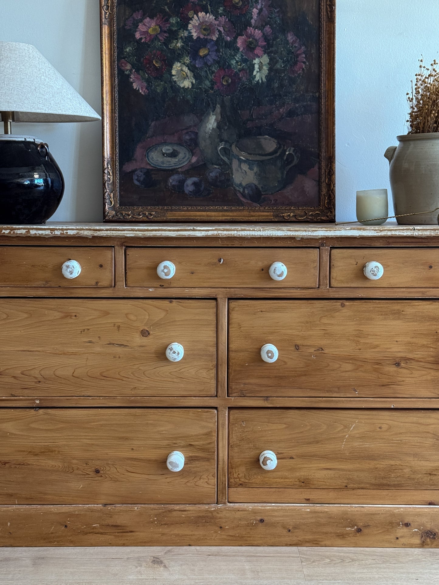 Antique English Pine Bank of Seven Drawers/Sideboard