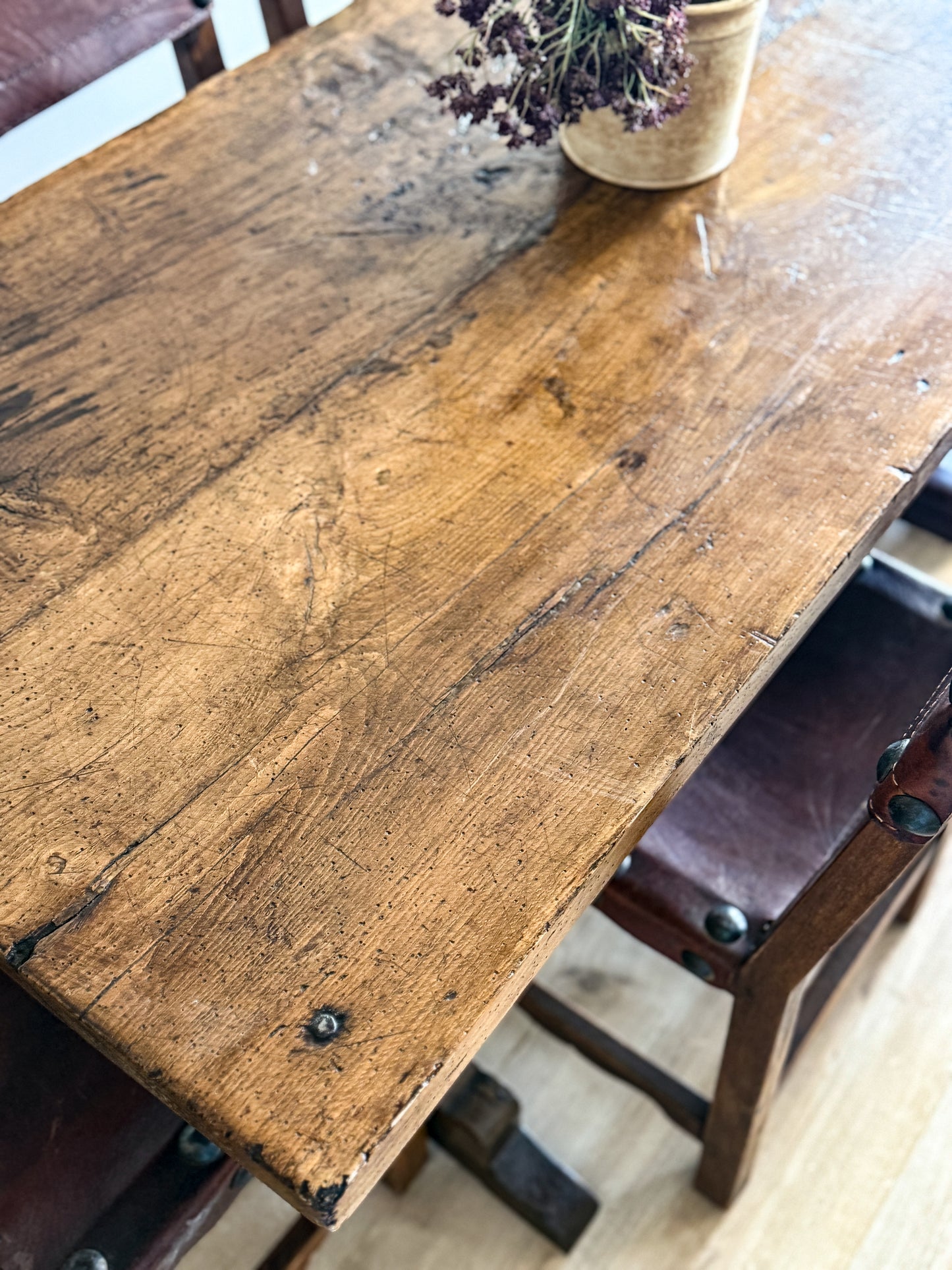 Antique French Dining Table with Oak/Ash base, Fruitwood Top
