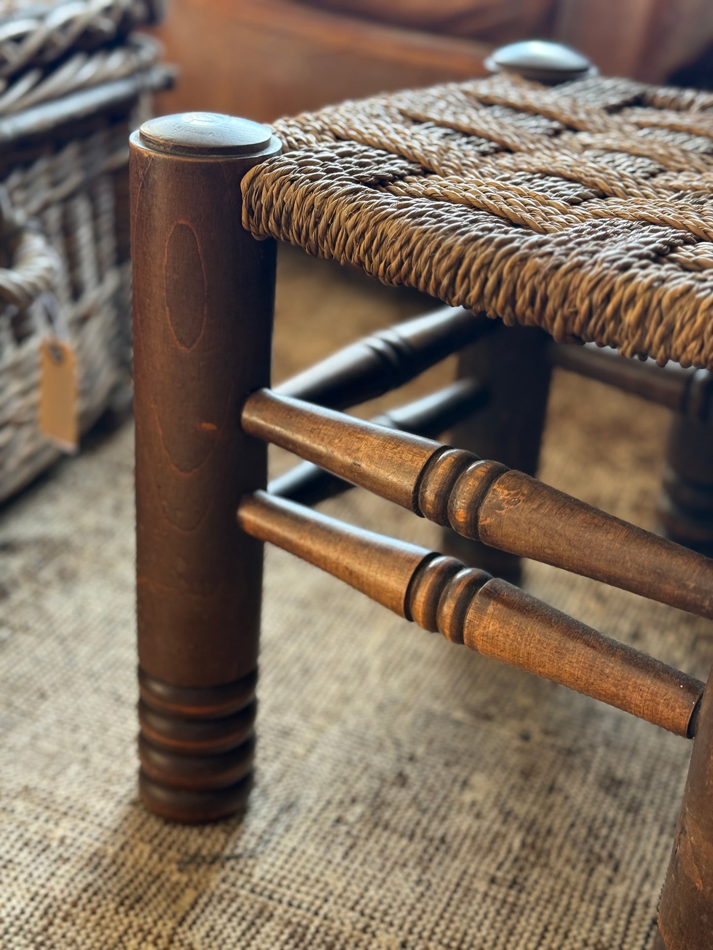 Pair of Charles Dudouyt Stools with Woven Rush Seats