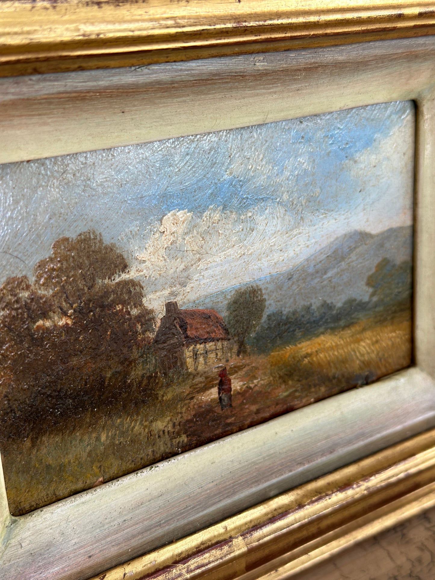 Antique European Oil Painting, Mountain Cottage Landscape