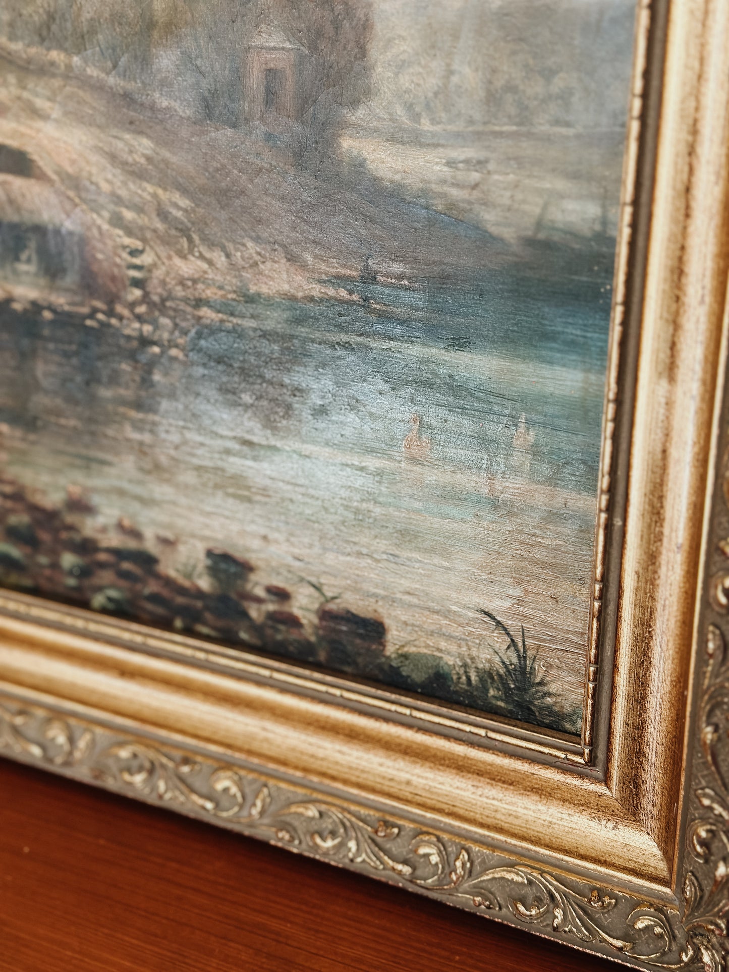 Original Antique Oil Painting, Moody River Landscape by Grant c.1891
