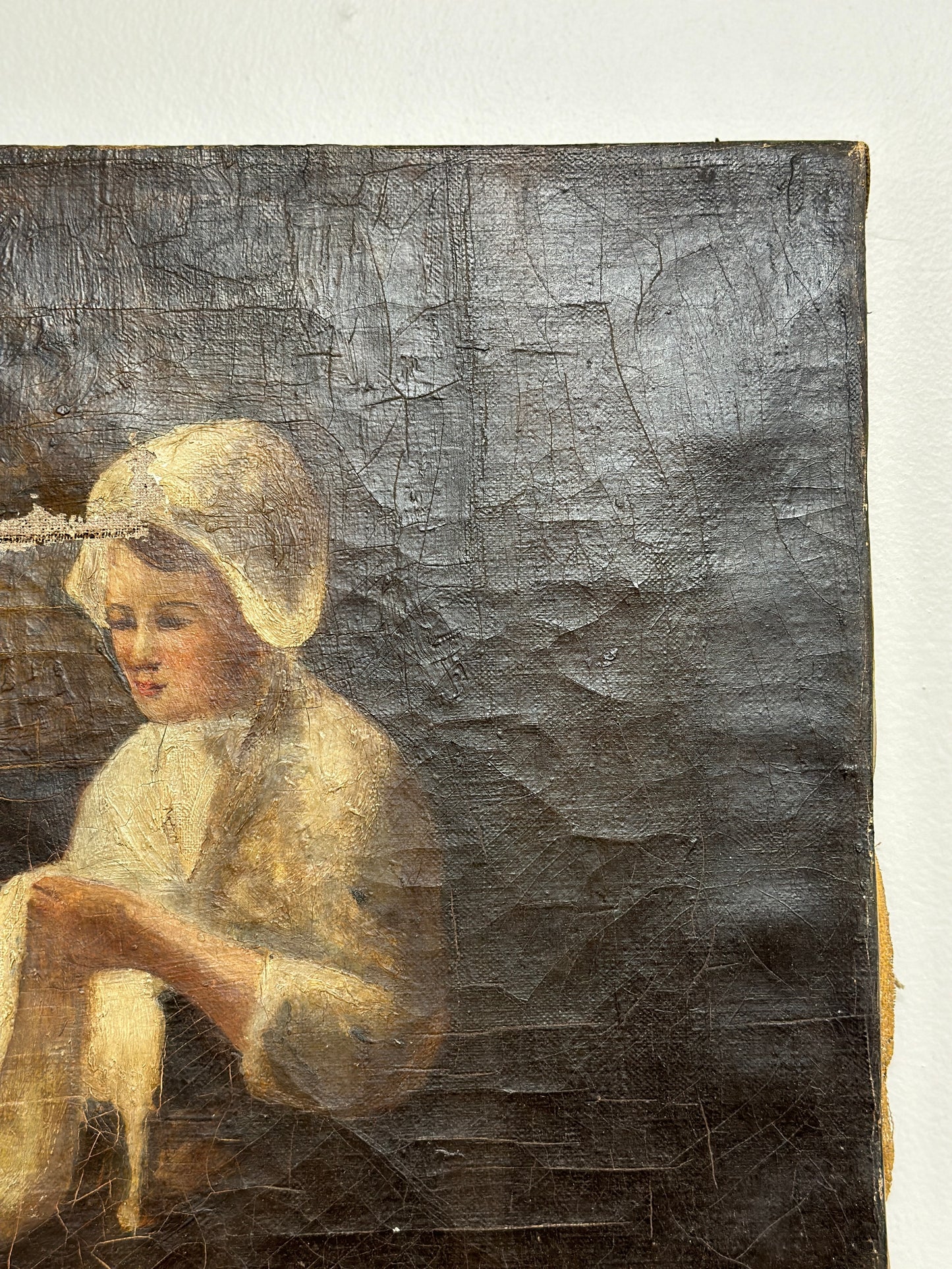 Original Antique Oil Painting on Canvas, Primitive Portrait by Nore