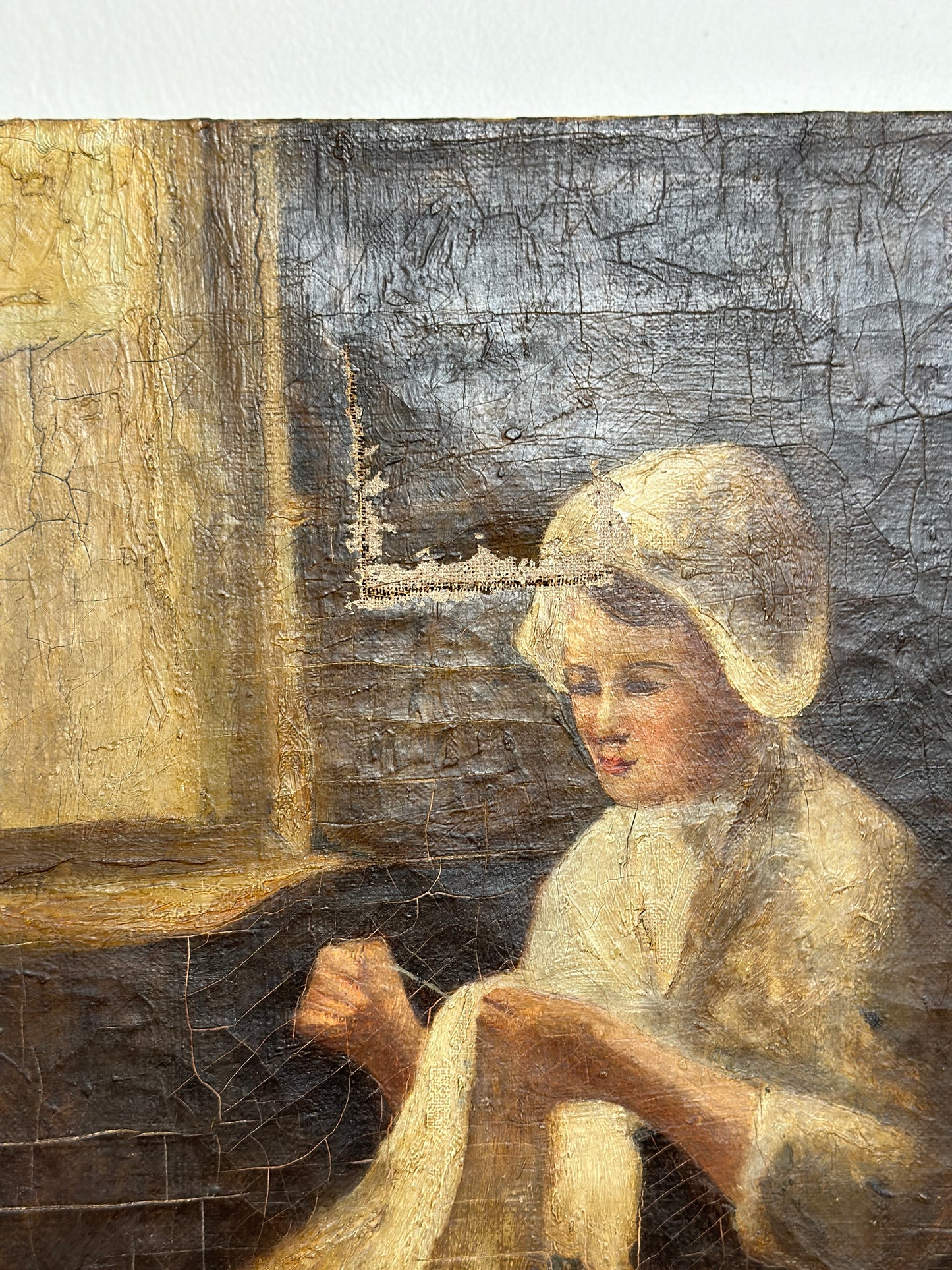 Original Antique Oil Painting on Canvas, Primitive Portrait by Nore