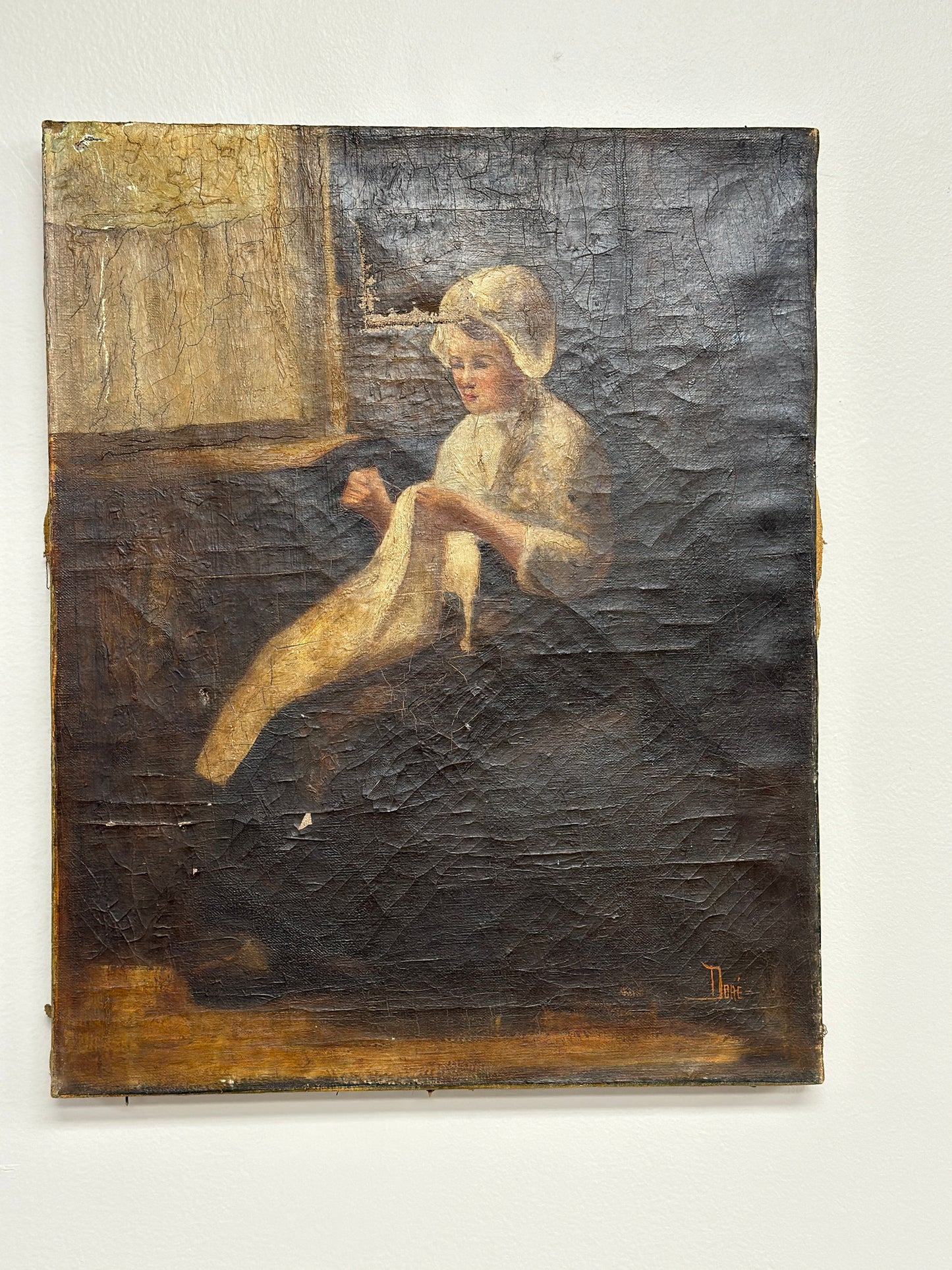 Original Antique Oil Painting on Canvas, Primitive Portrait by Nore