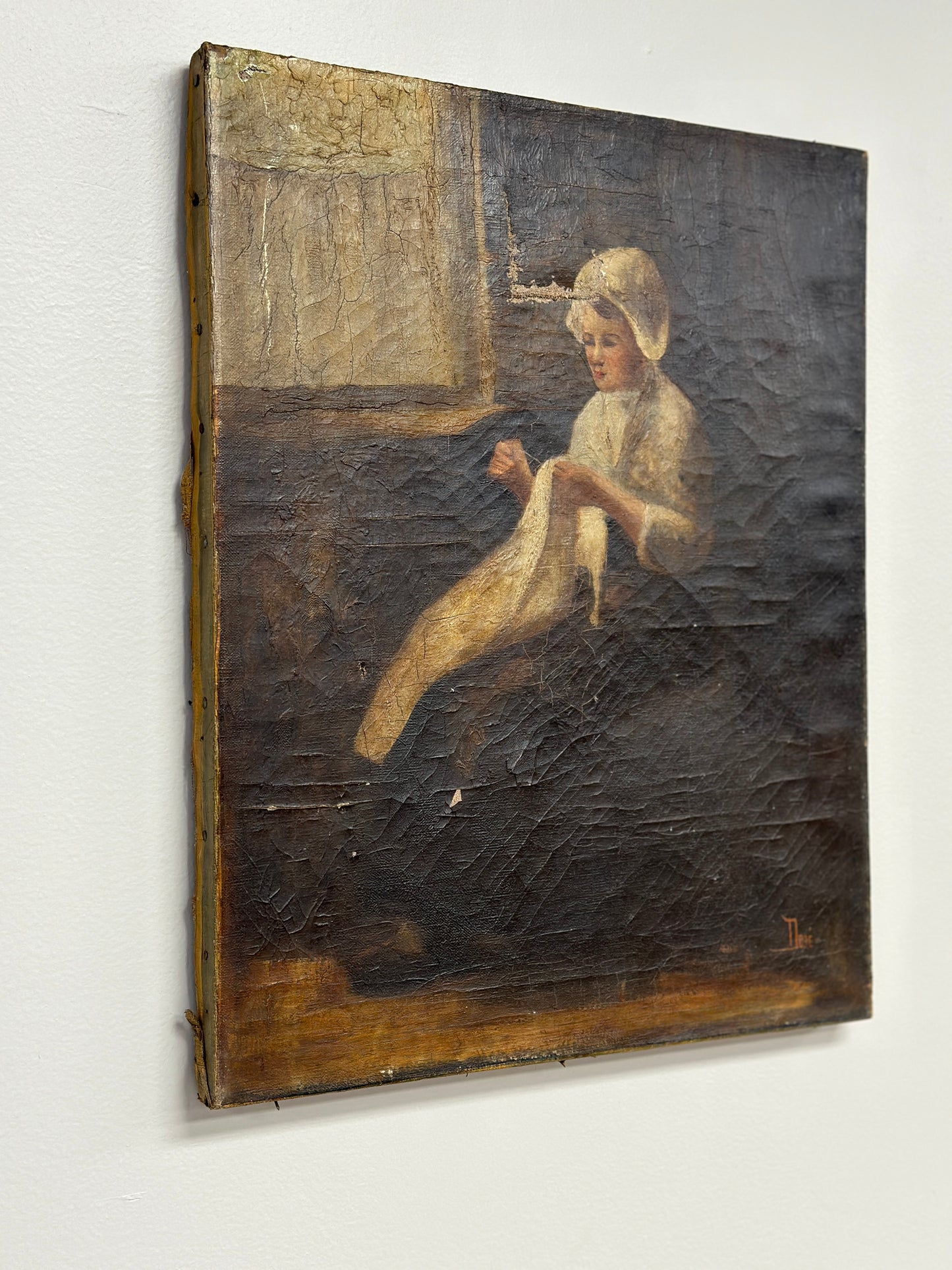 Original Antique Oil Painting on Canvas, Primitive Portrait by Nore