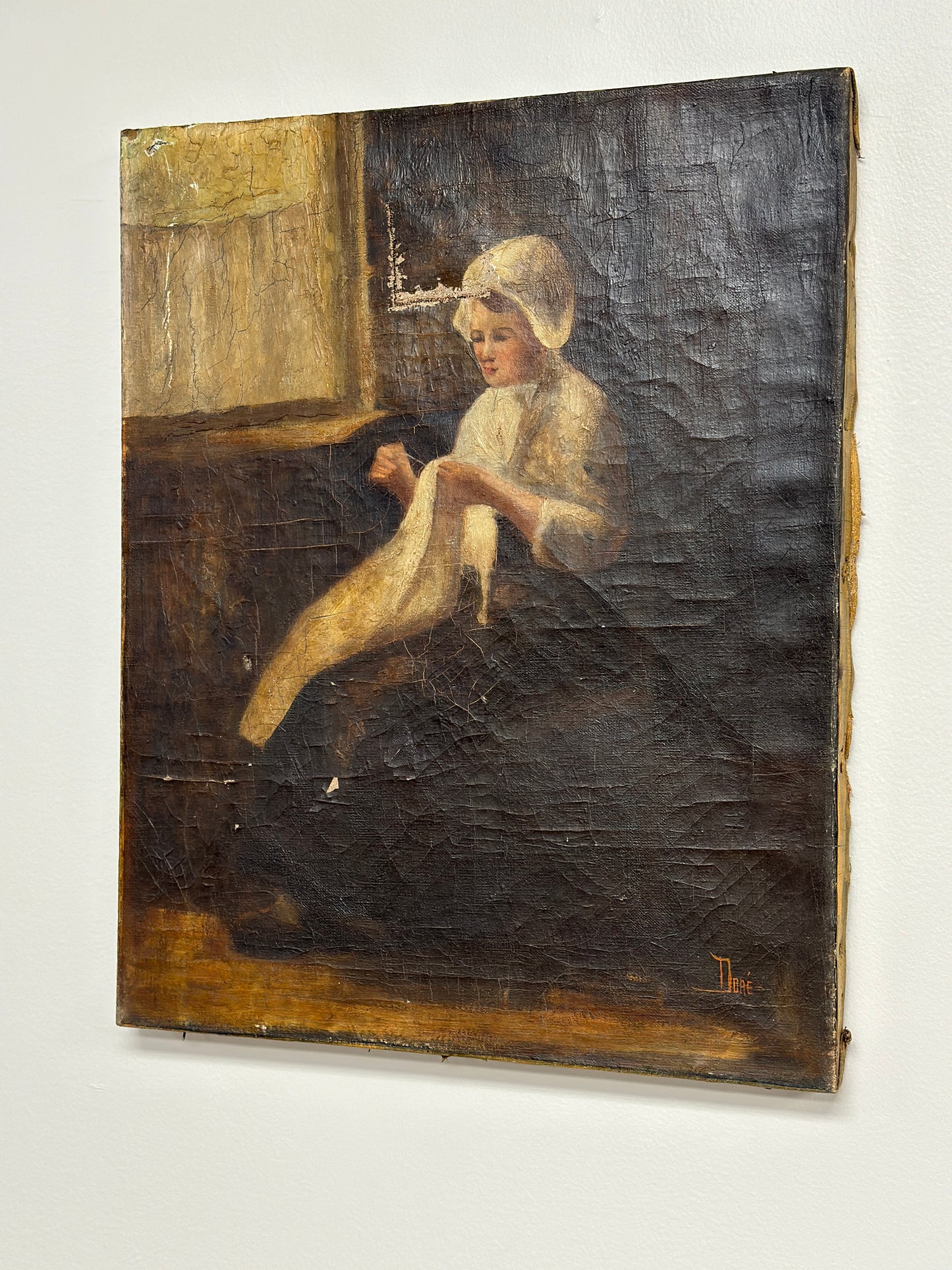 Original Antique Oil Painting on Canvas, Primitive Portrait by Nore