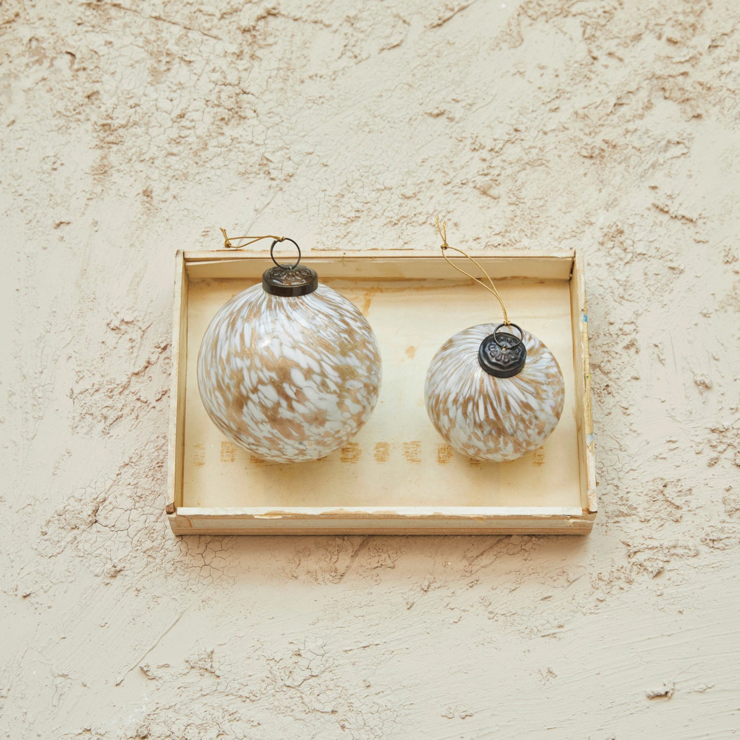 Recycled Confetti Glass Ball Ornament, White & Gold Finish