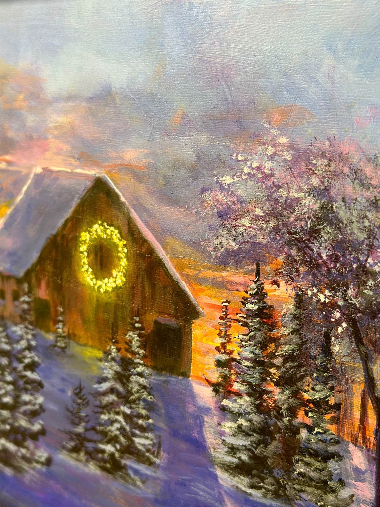 Vintage Framed Original Winter Christmas Cabin Painting, Signed Tom Voxx