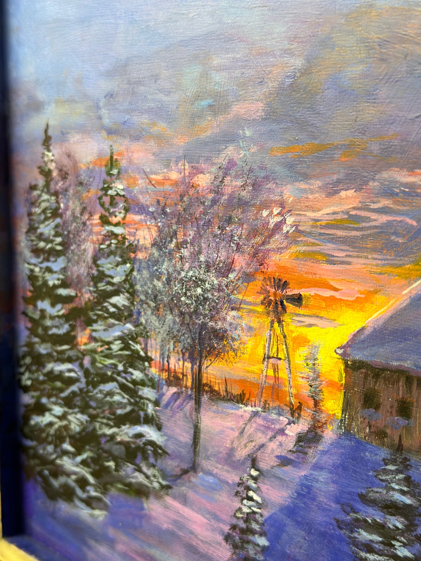 Vintage Framed Original Winter Christmas Cabin Painting, Signed Tom Voxx