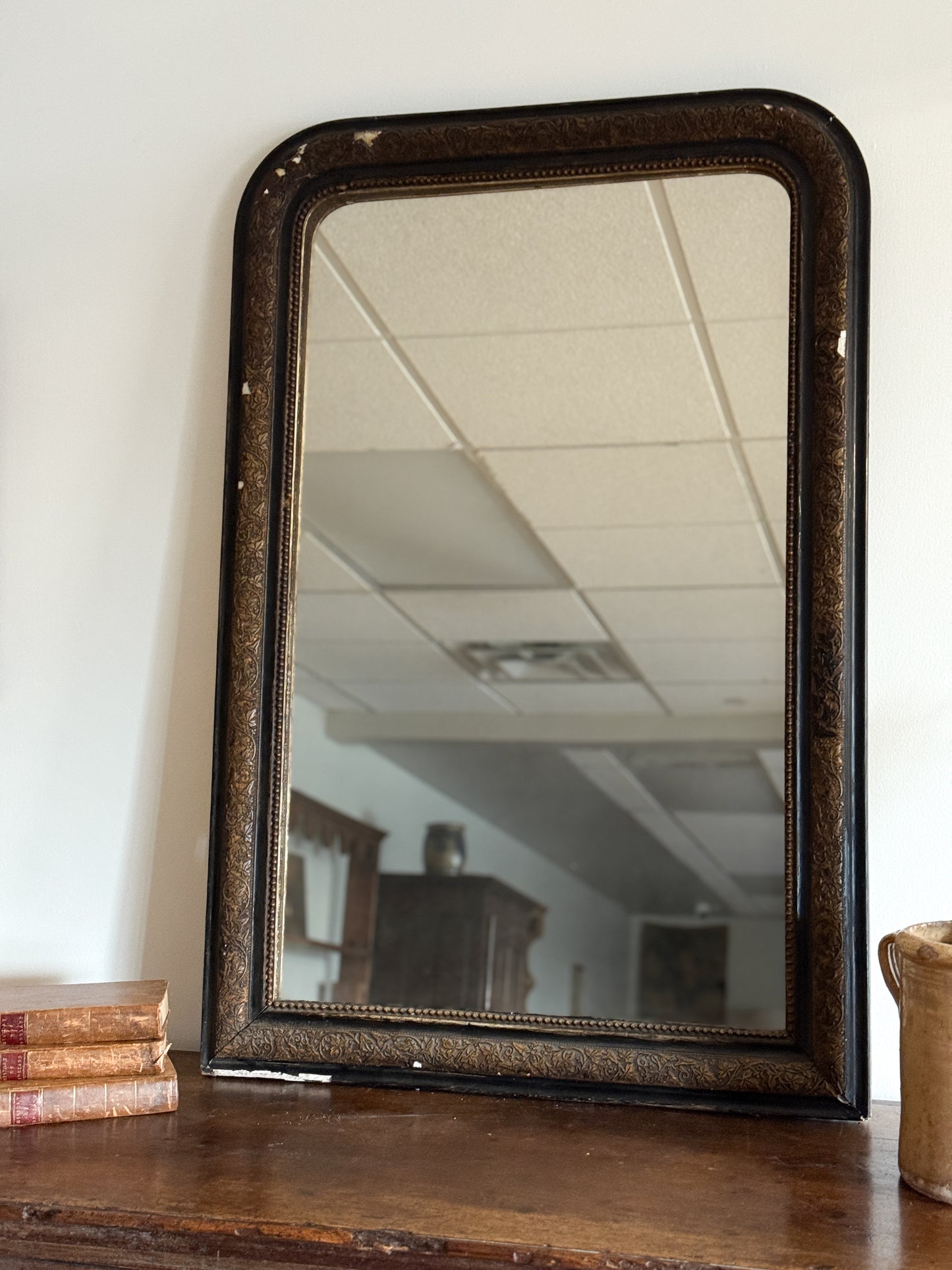 Large Antique Black & Gold French Louis Mirror