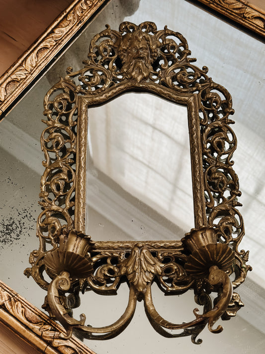 Antique Brass Mirror Wall Scone with Candleholders