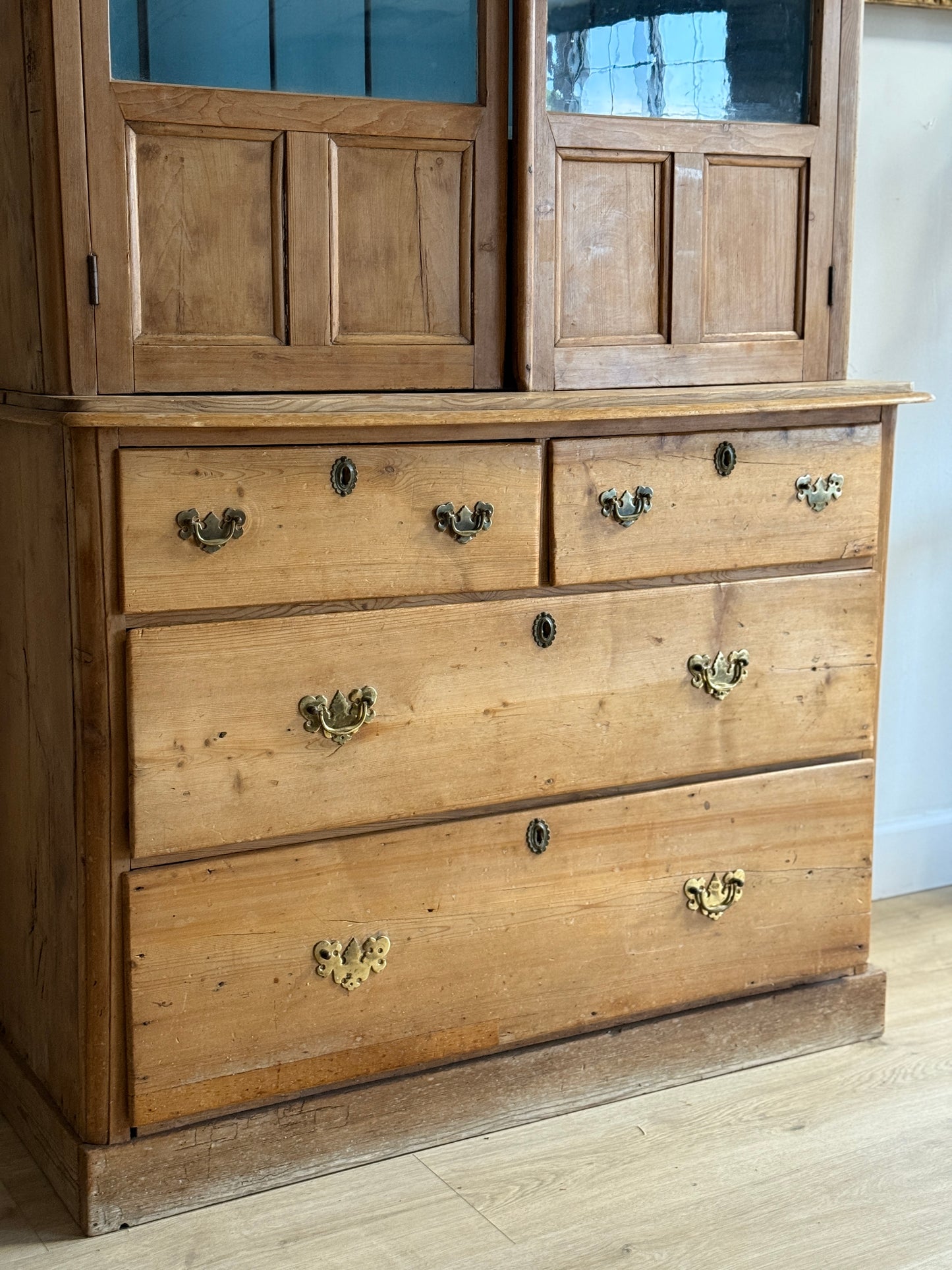 Antique English Pine Hutch with Original Glass Upper