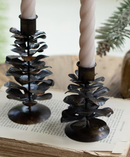 Set of Two Metal Pinecone Taper Candleholders