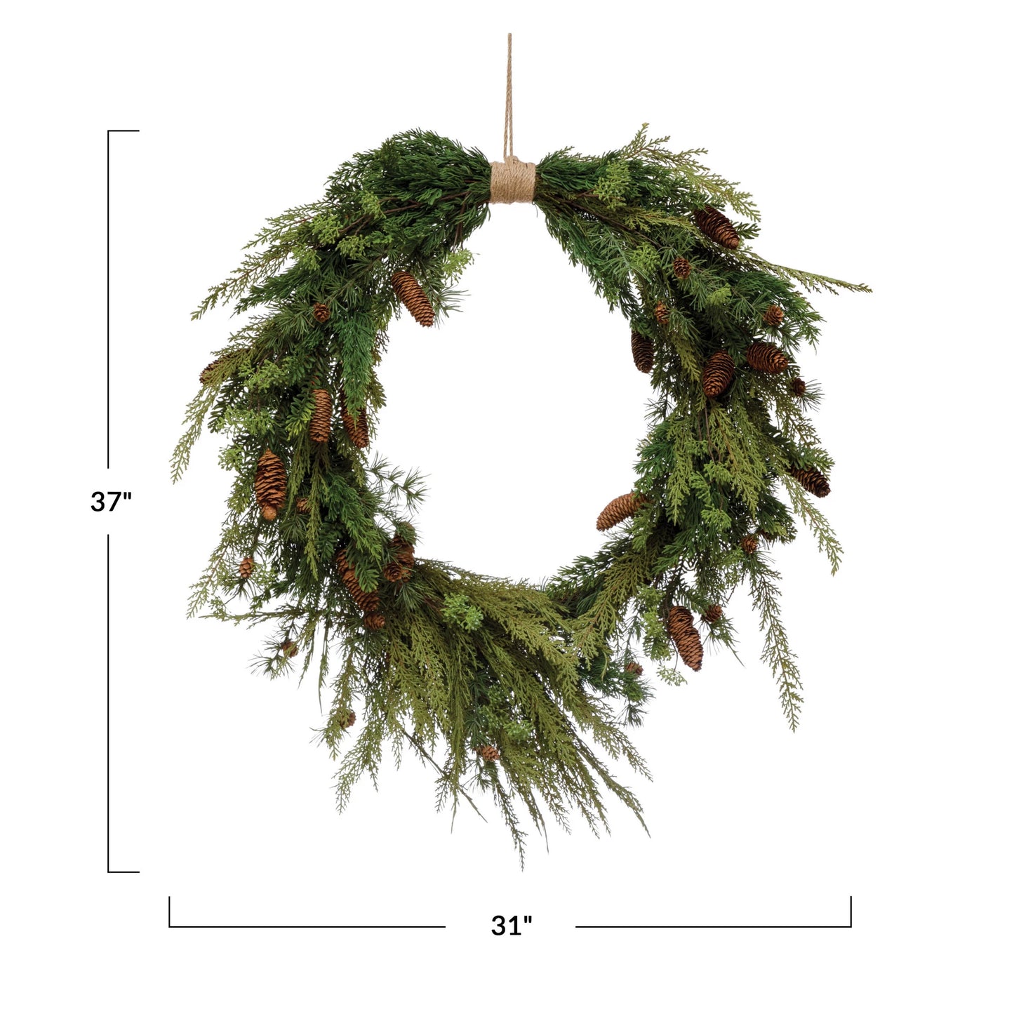 Large Faux Pine Wreath with Pinecones and Jute Hanger