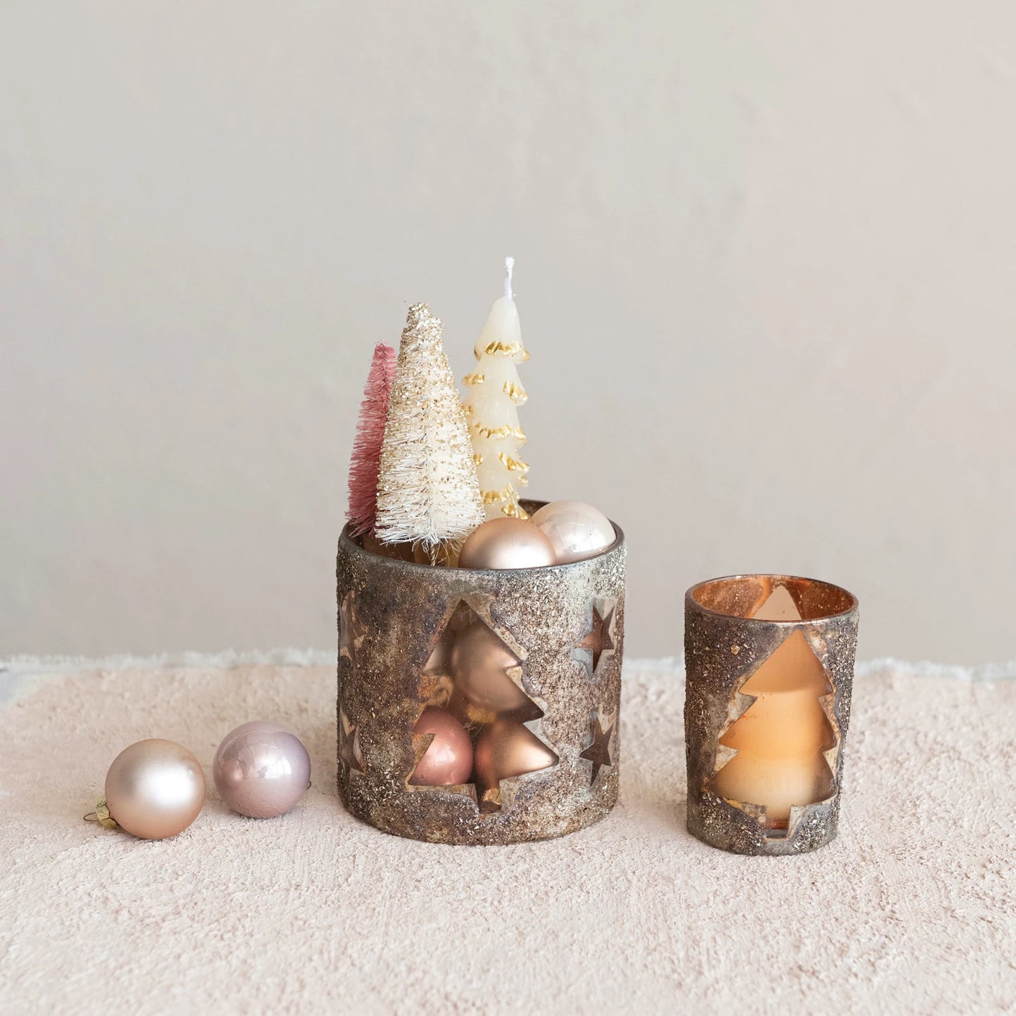 Mercury Glass Votive Holder w/ Laser Etched Trees & Stars, Distressed Pewter Finish