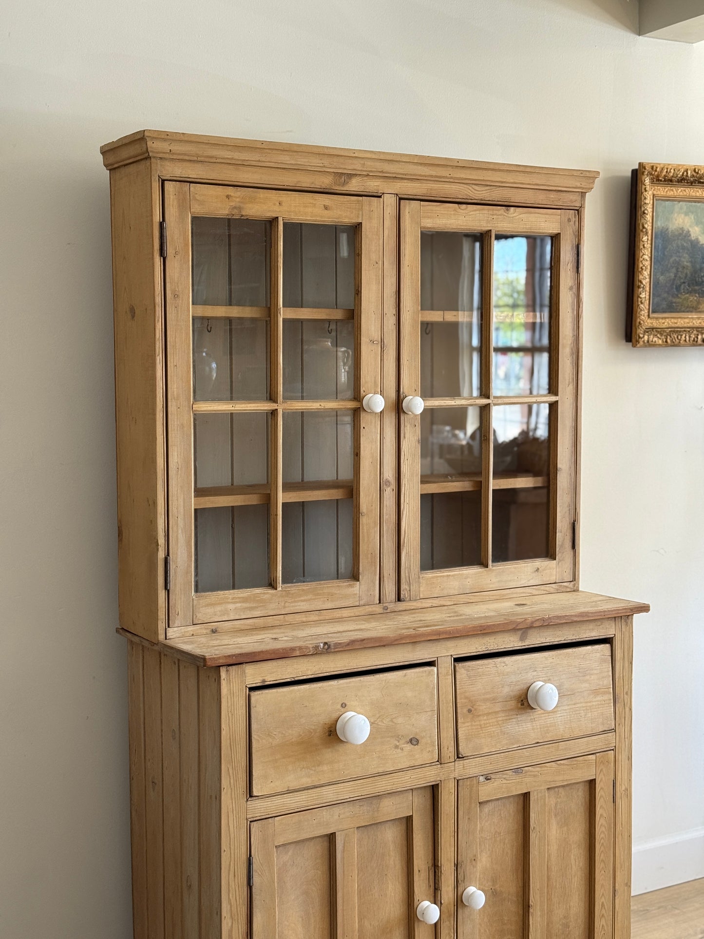 Antique English Glass Pine Hutch