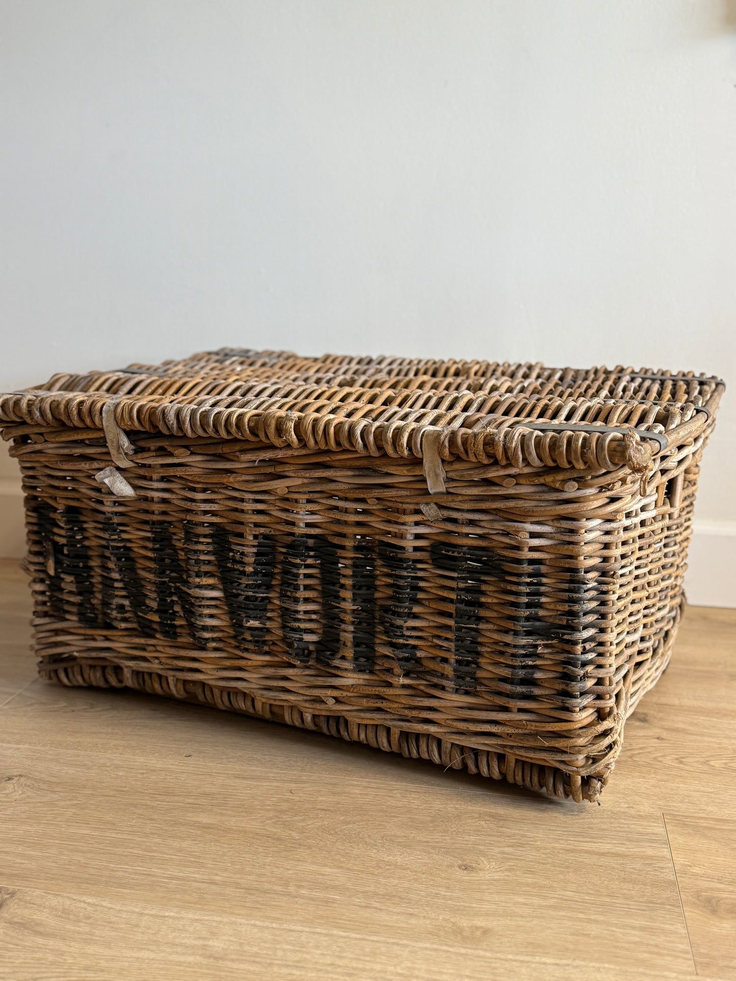 Antique English Wicker Trunk with iron Hardware