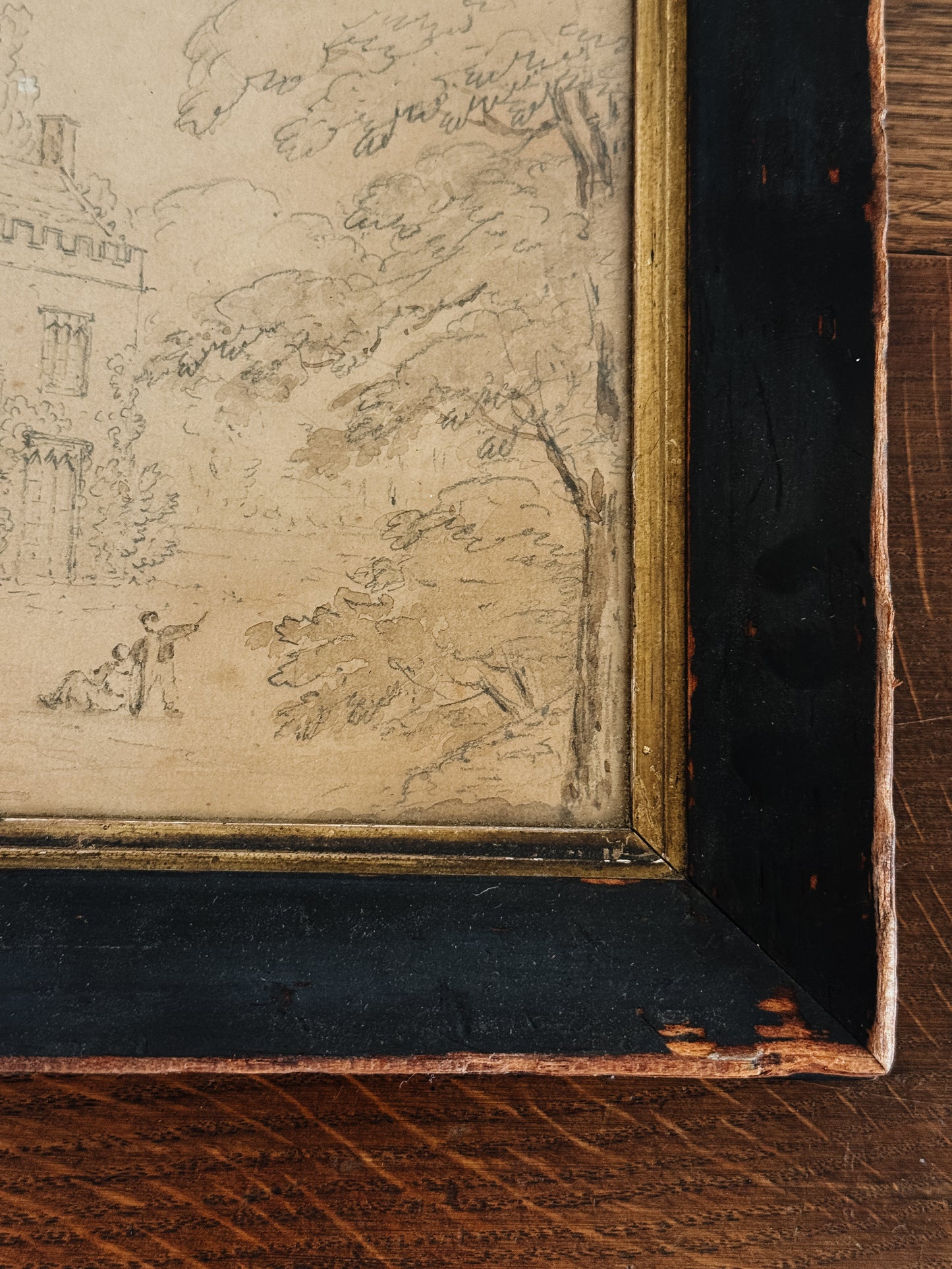 Antique English Pencil & Sepia Watercolor Painting, Down Ampney House