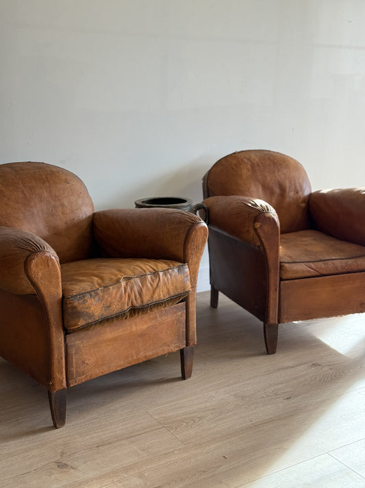 Antique Pair French Leather Chairs