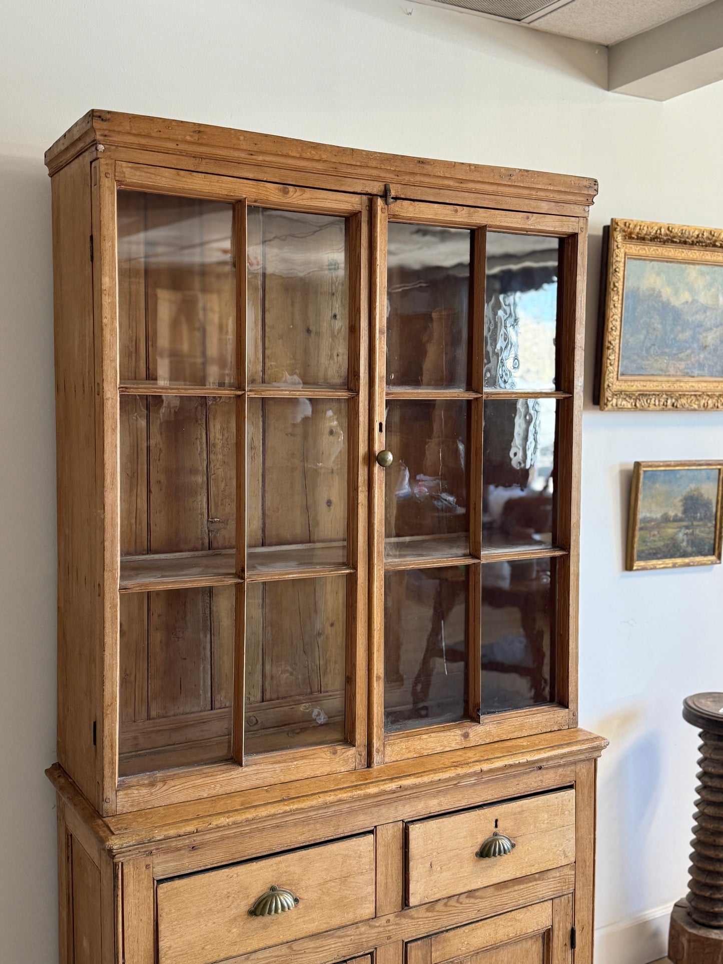 Antique English Pine Cupboard with Glass Upper