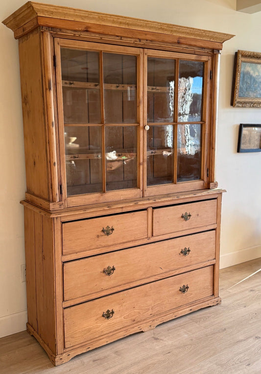 Antique English Pine Hutch with Glass Upper