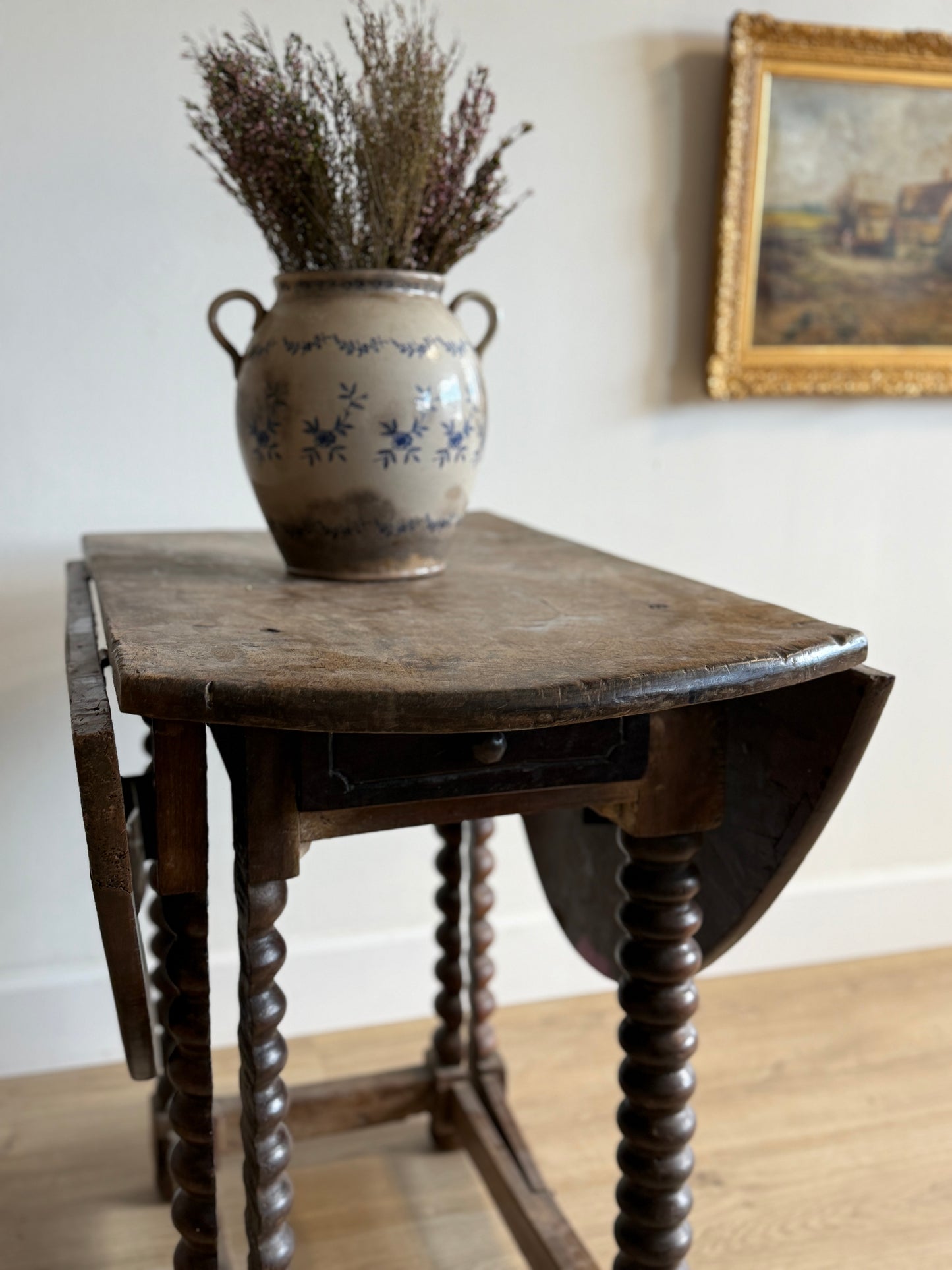 17th c. French Walnut Oval Gateleg Table with Drawer