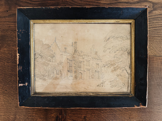Antique English Pencil & Sepia Watercolor Painting, Down Ampney House