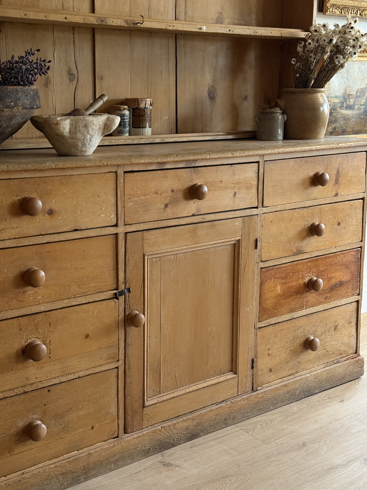 Large Antique English Pine Stepback Hutch