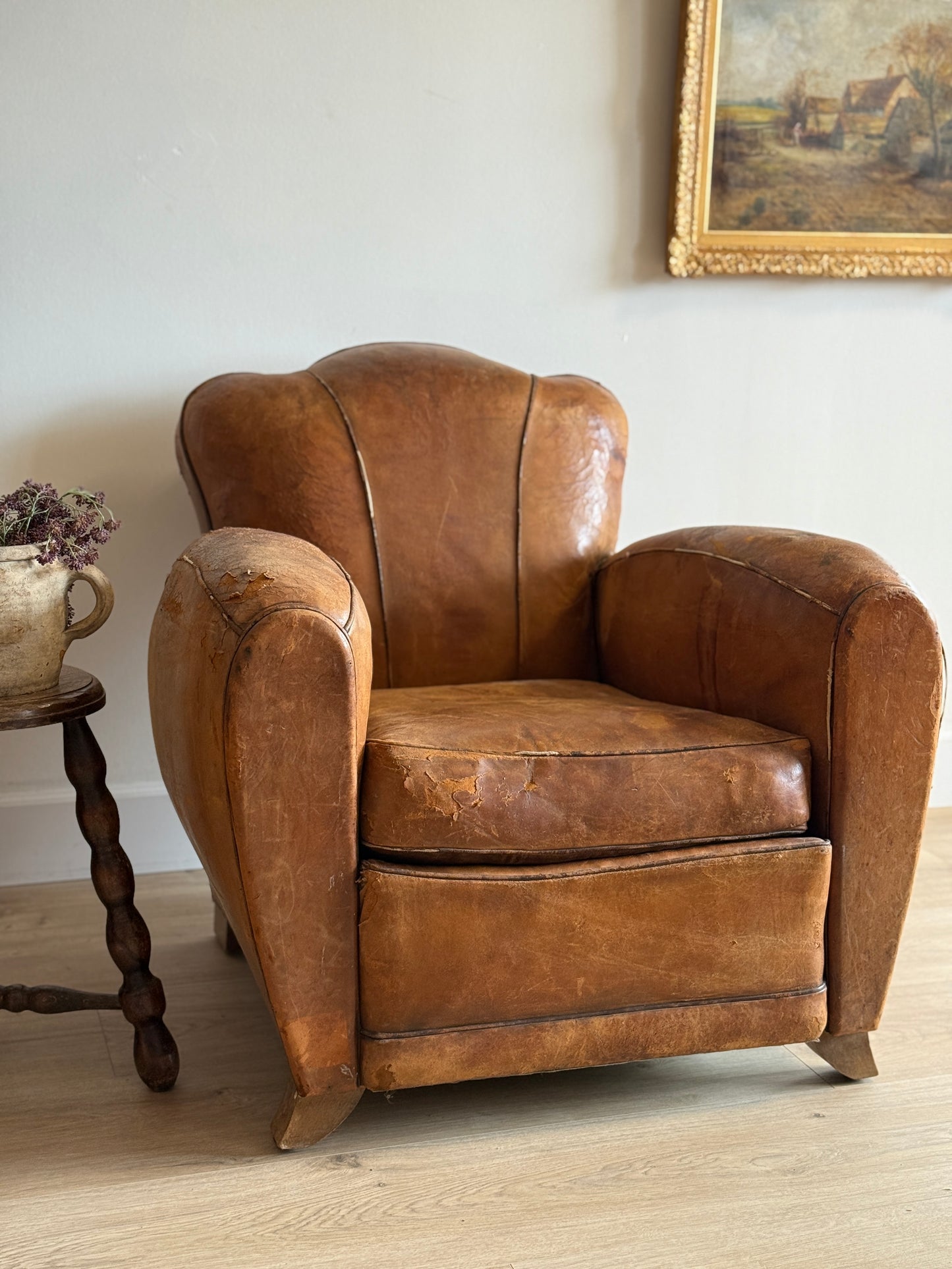 Pair of Antique French Leather Moustache Chairs (c.1920's)