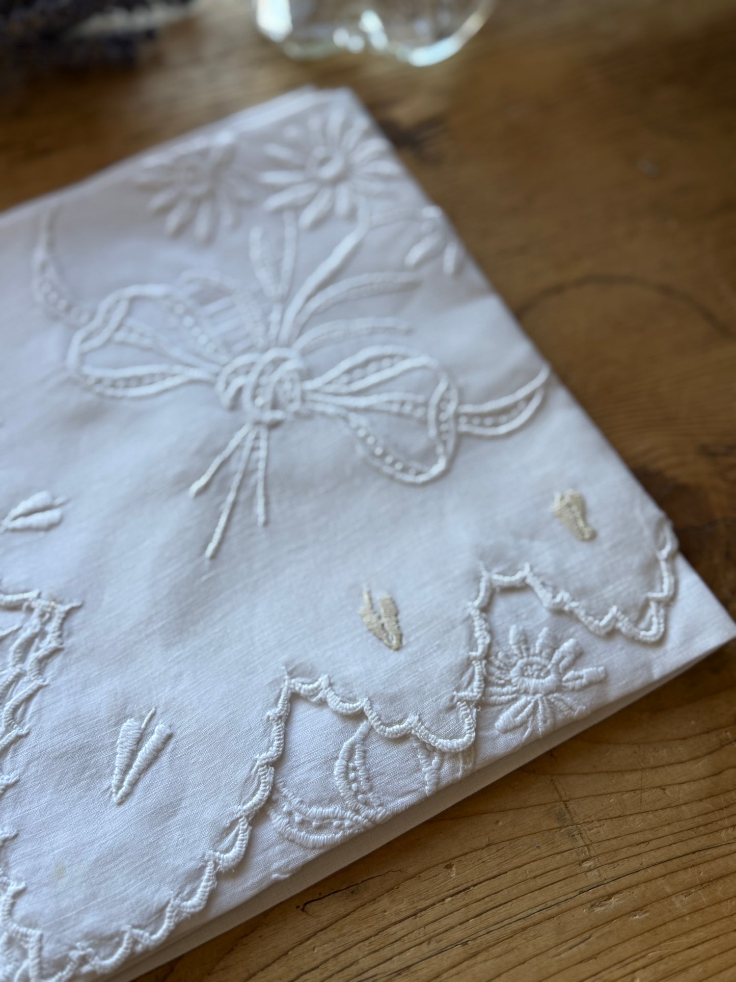 Antique Hand Embroidered Irish Scalloped Tablecloth