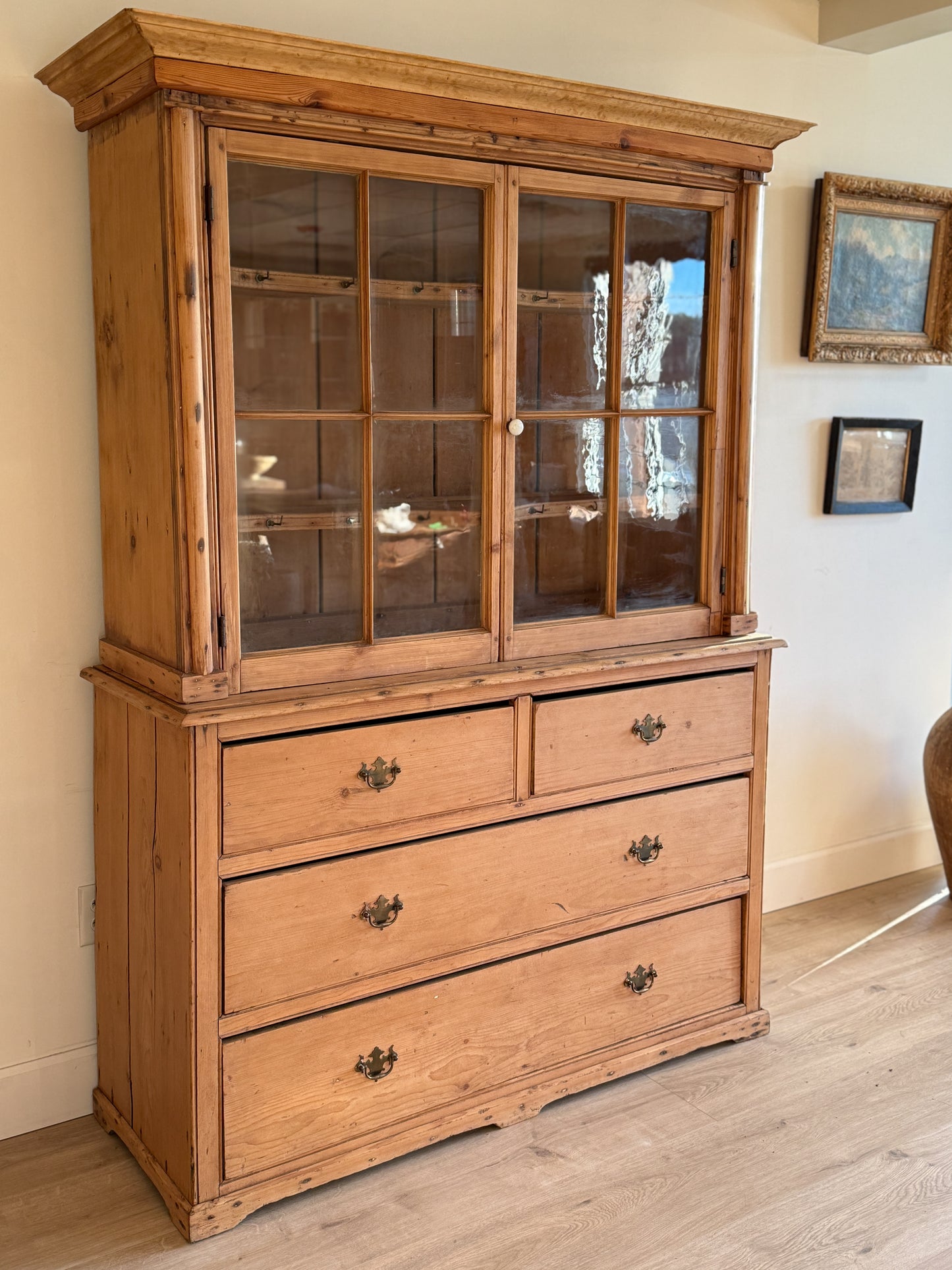 Antique English Pine Hutch with Glass Upper