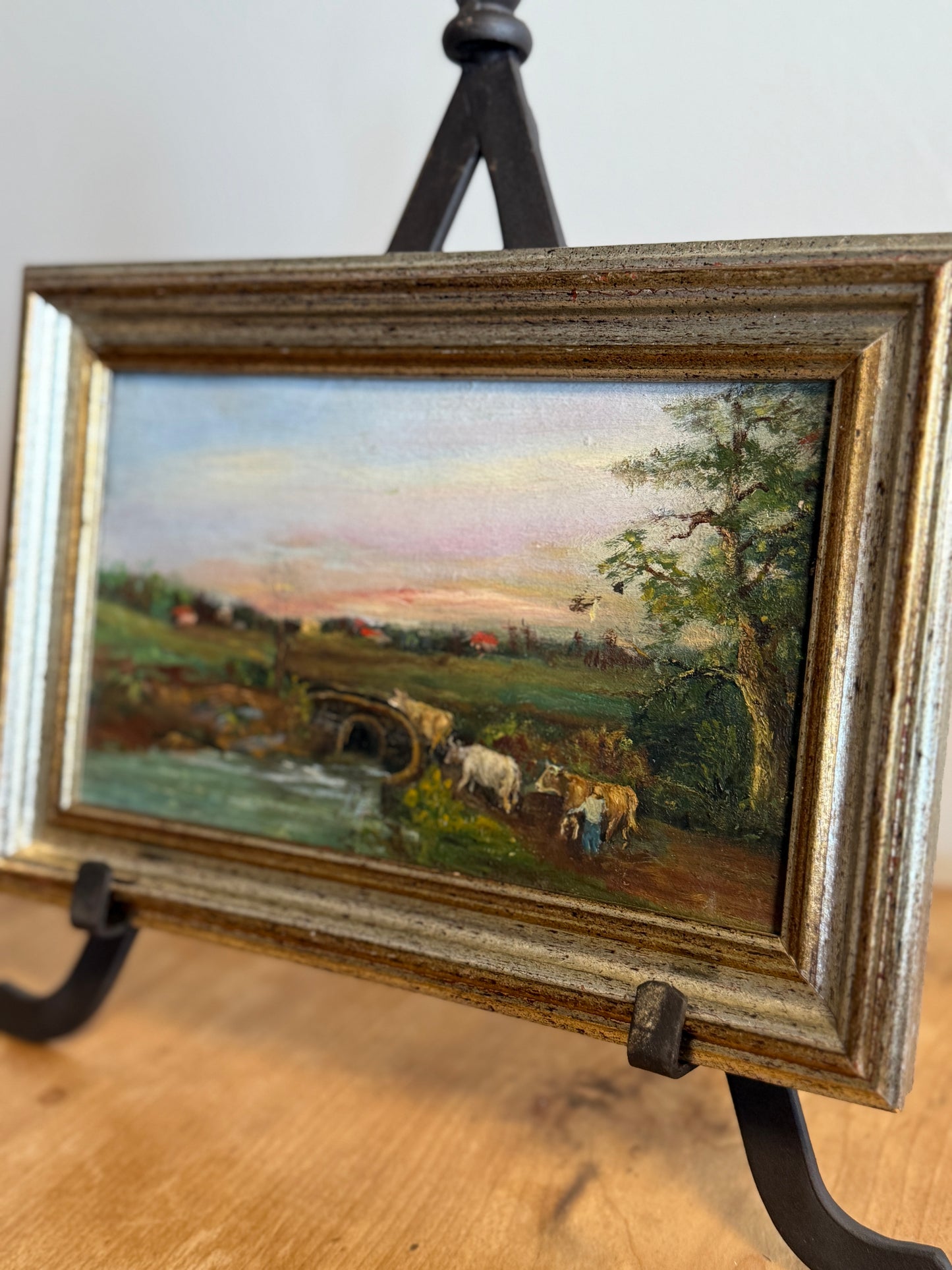 Original Antique Oil Painting, Country Cow Landscape