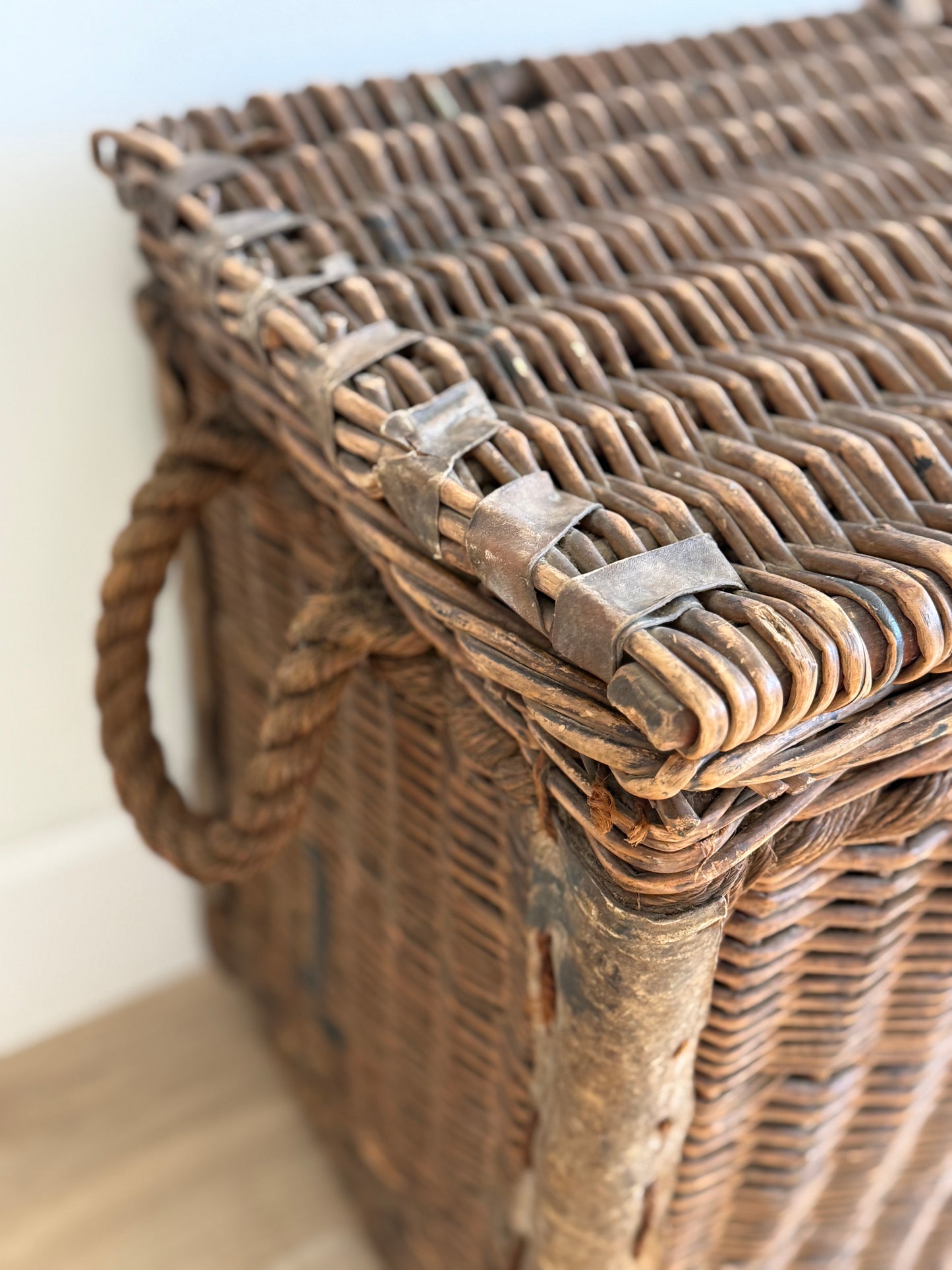Antique English Wicker Trunk with iron Hardware