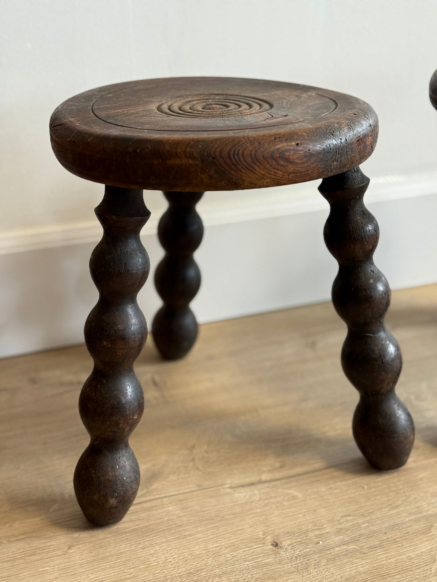 Pair of Two Vintage French Bobbin Stools, Attrib. to Dudouyt