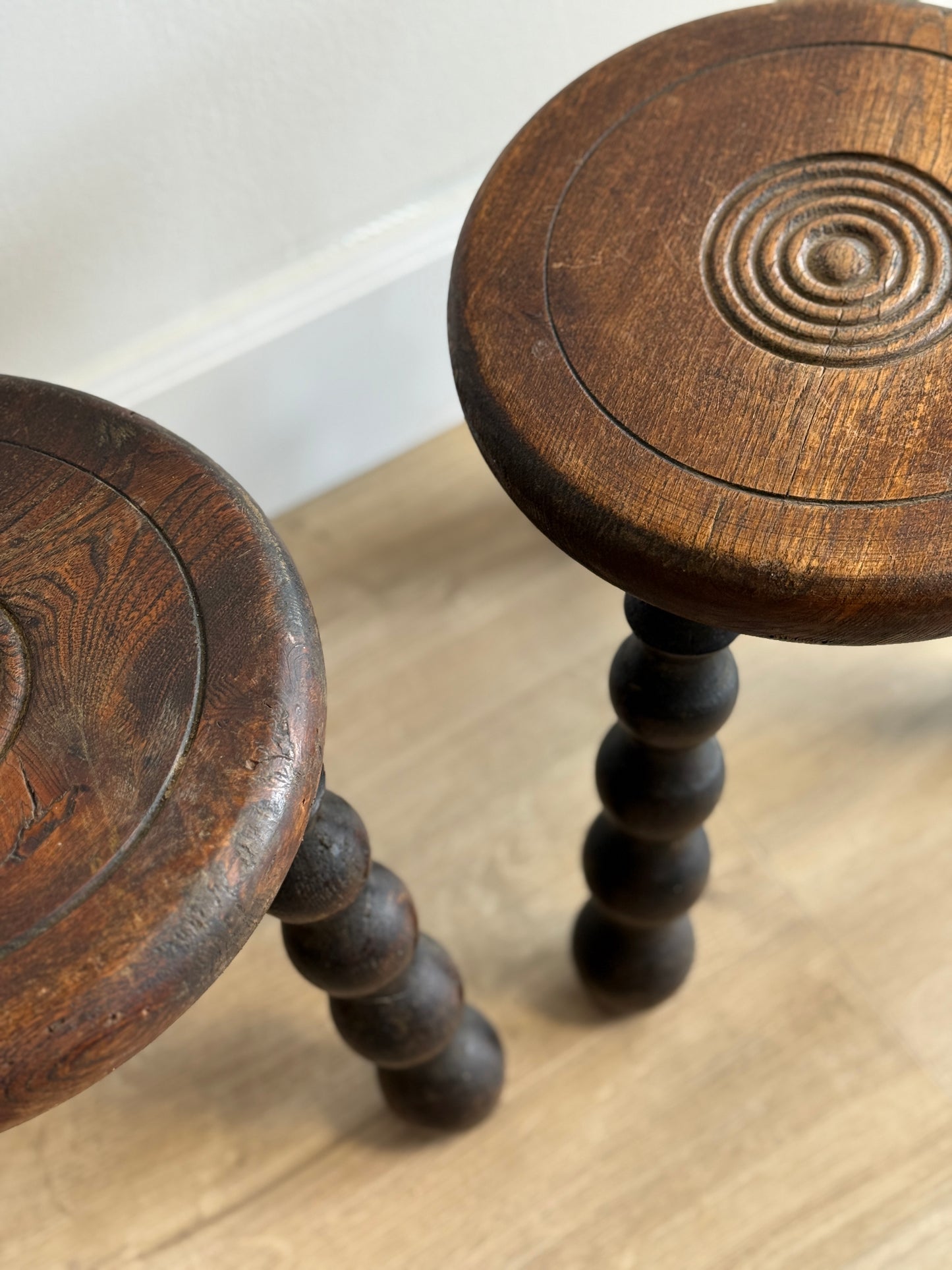 Pair of Two Vintage French Bobbin Stools, Attrib. to Dudouyt