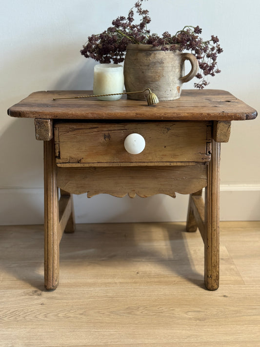 Antique French Pine Side Table with Drawer