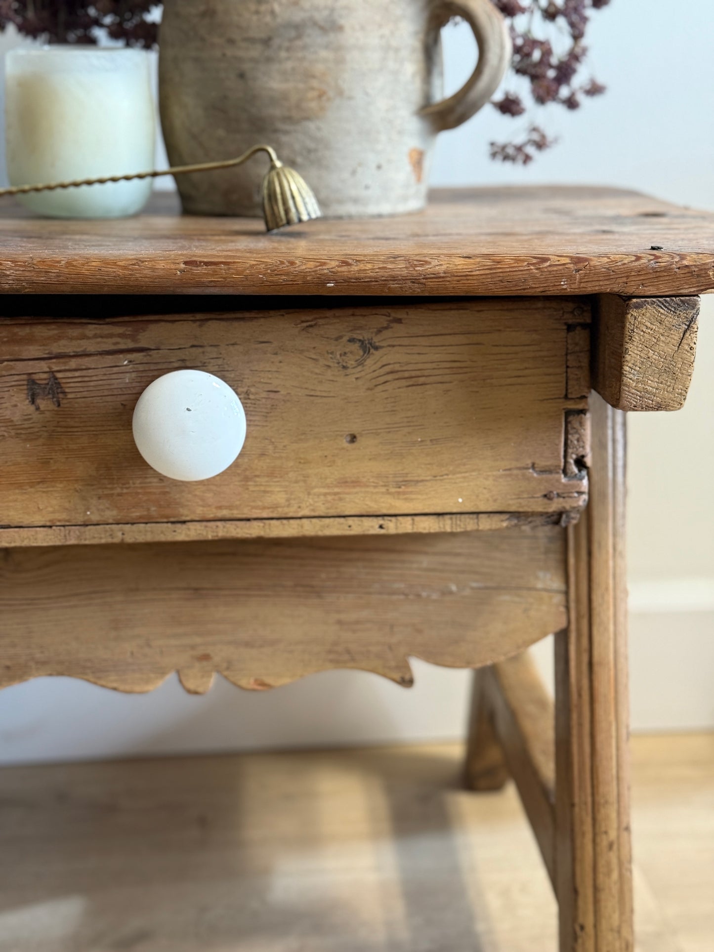 Antique French Pine Side Table with Drawer