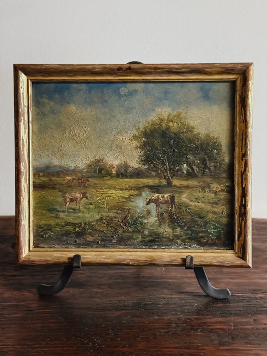 Original Antique Oil Painting, Creekside Grazing Cows