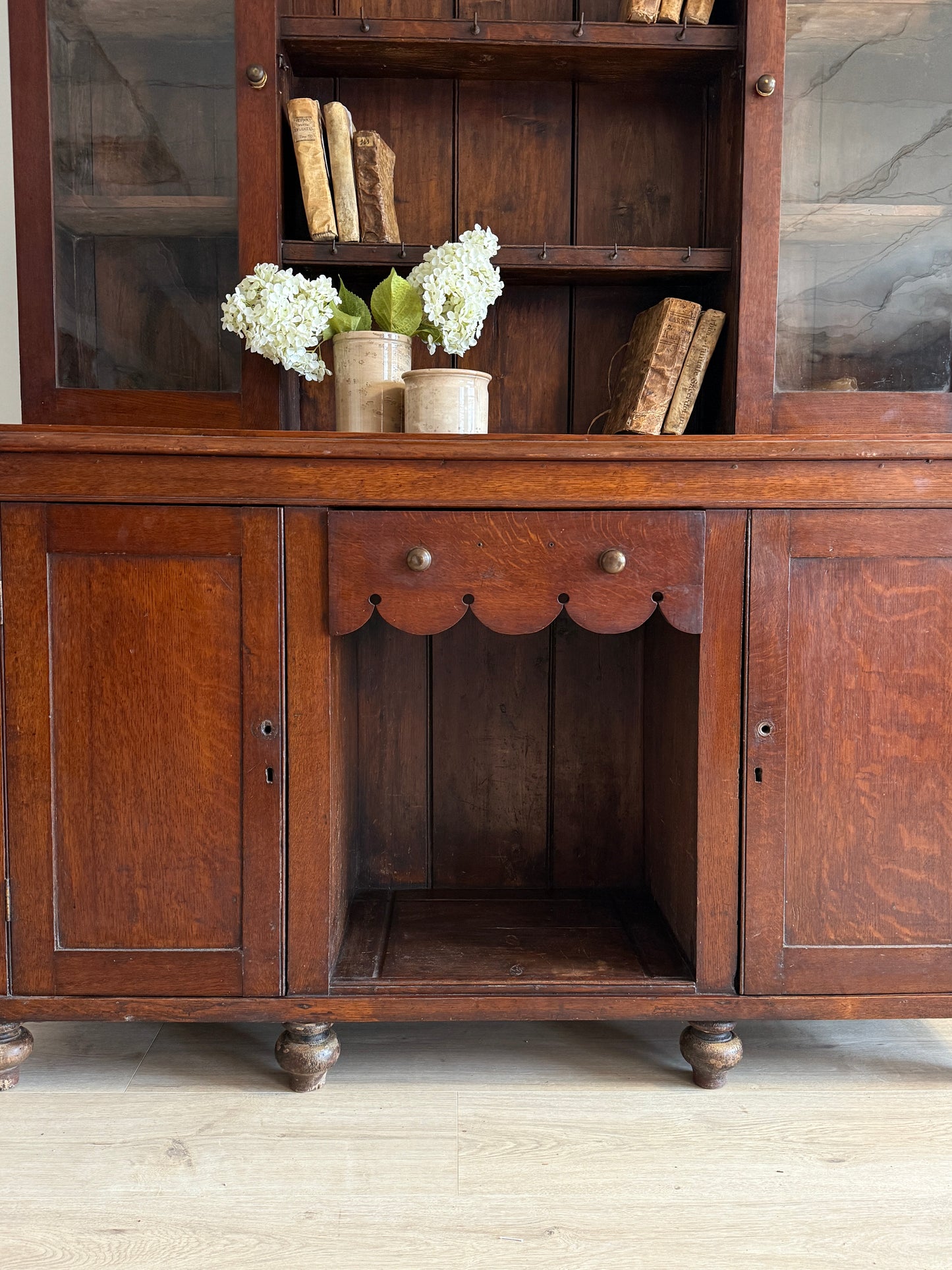 Antique English Dark Oak Scalloped Hutch